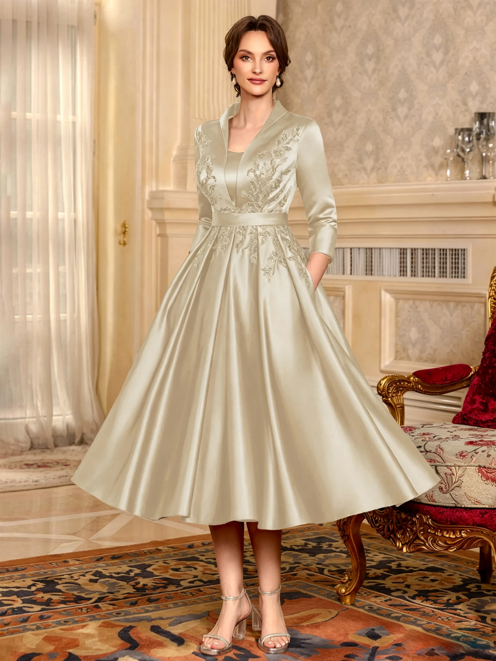 Elegant A-Line V-Neck Appliques Lace Tea-Length Satin Corset Mother of the Bride Dress