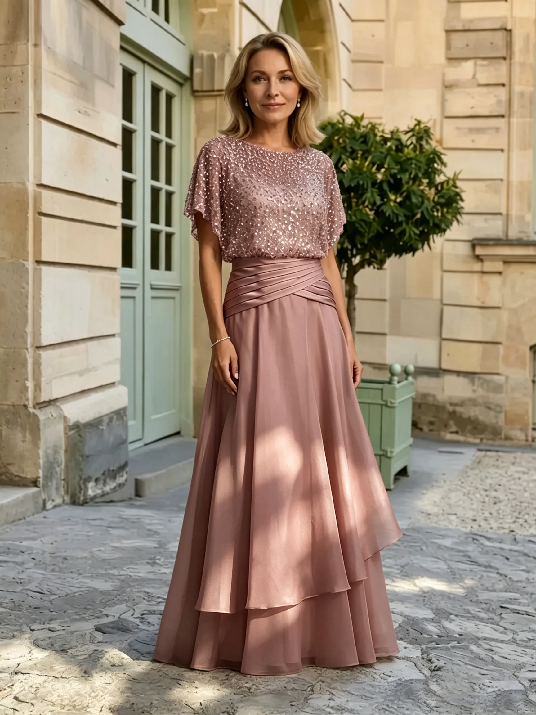 Sparkly Sequined Champagne Satin Mermaid Long Mother of the Bride Dress