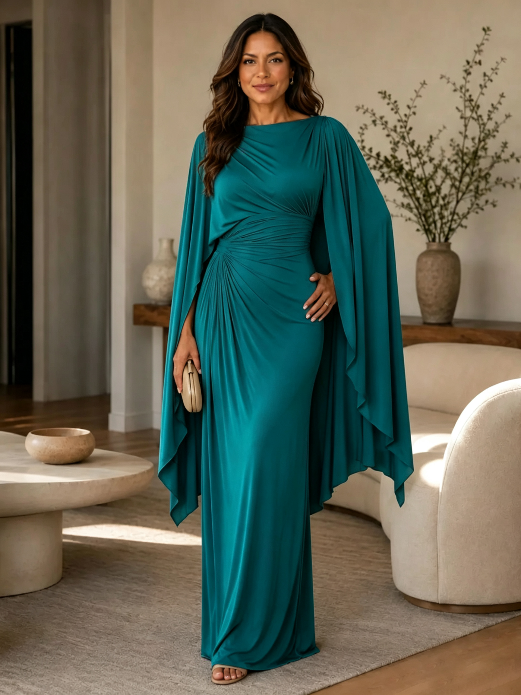 Boat Neck Draped Cape Sleeve Evening Gown