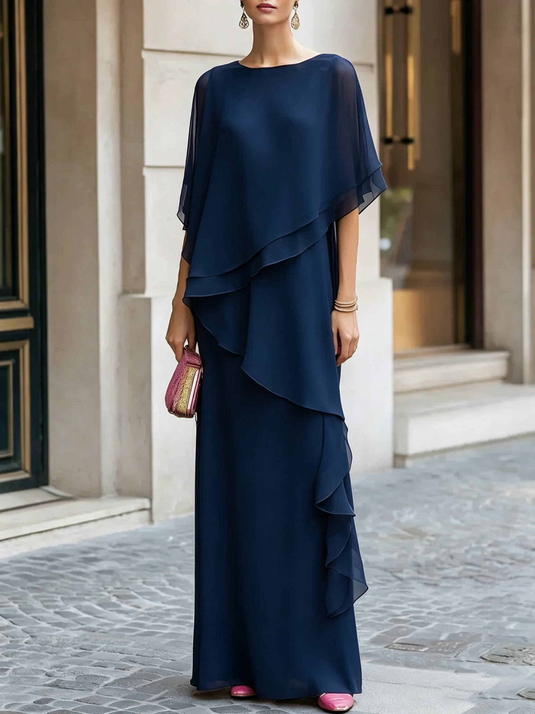 Layered Chiffon Boat Neck Floor-Length Evening Gown