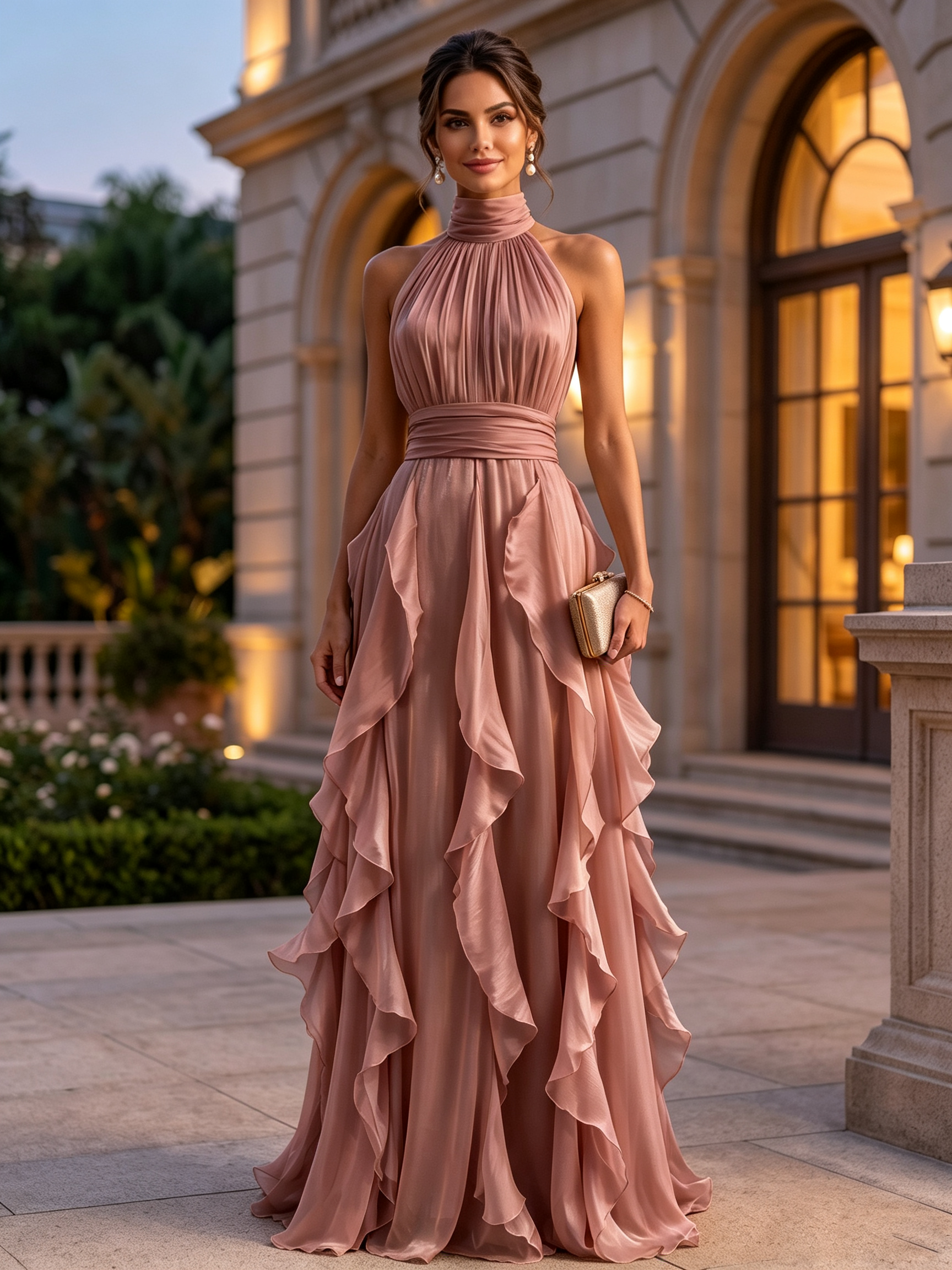 High Neck Ruffled Satin Halter Evening Gown