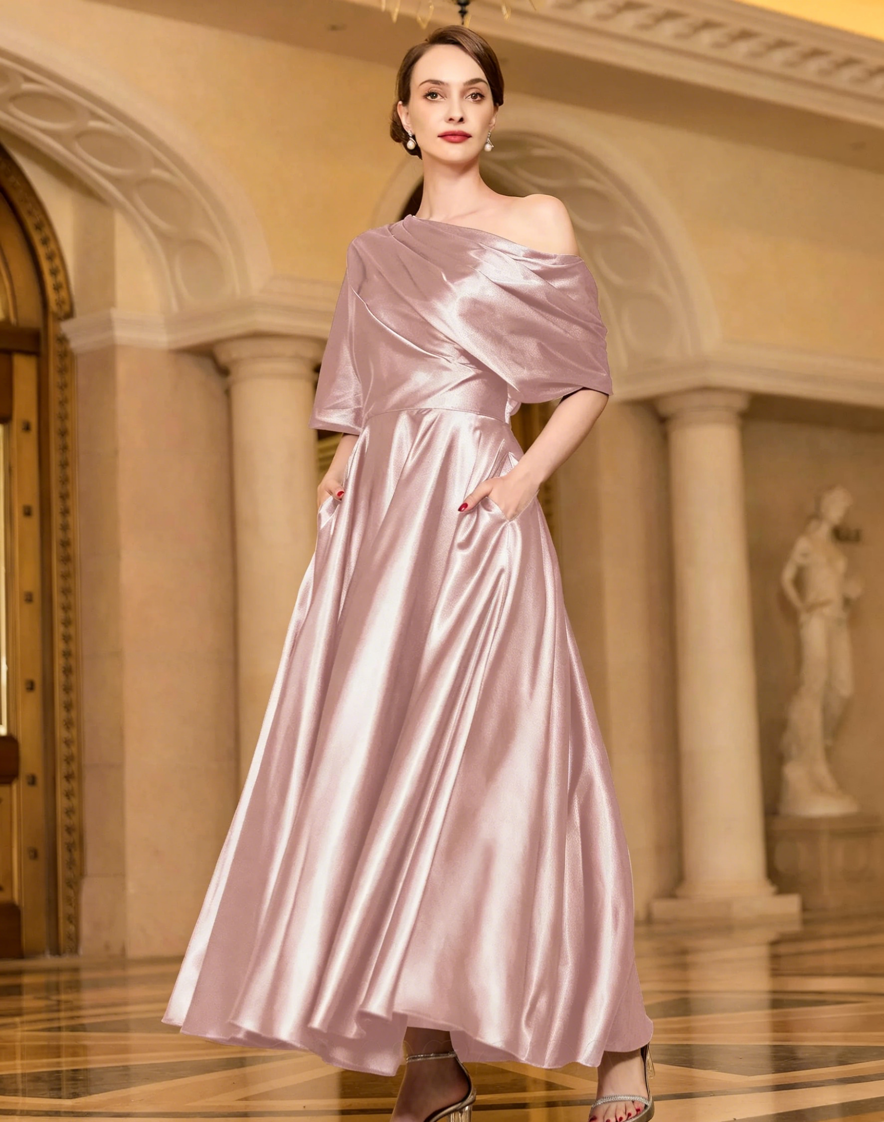 Radiant A-line Short Sleeves Pleated Ankle-Length Silk like Satin Mother of the Bride Dress