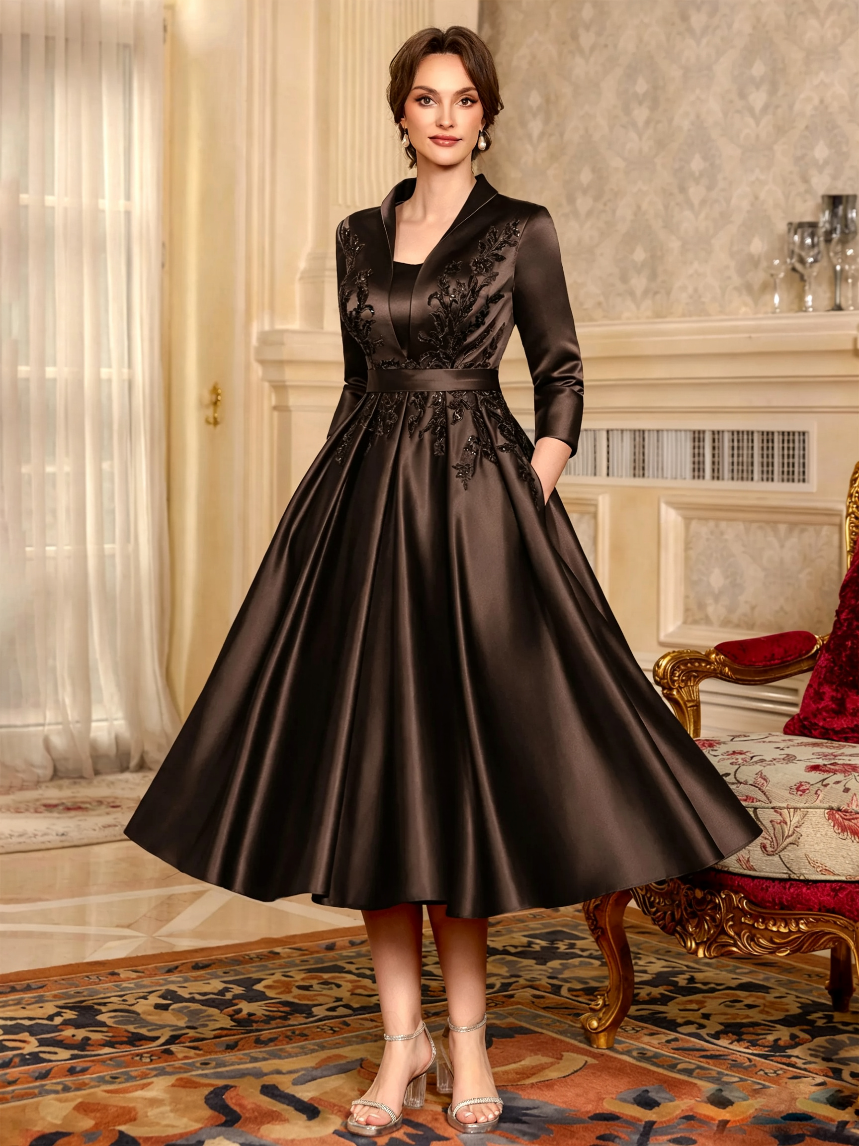 Elegant A-Line V-Neck Appliques Lace Tea-Length Satin Corset Mother of the Bride Dress