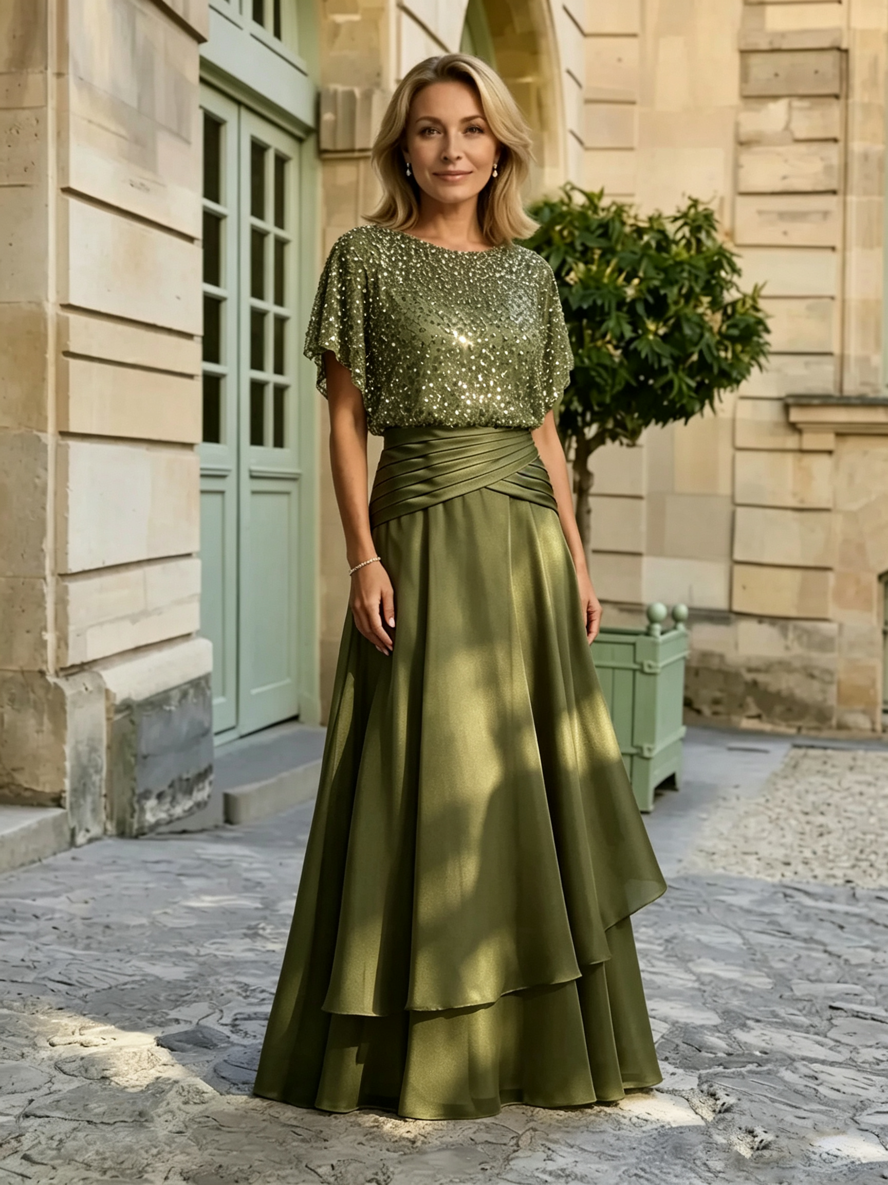 Sparkly Sequined Champagne Satin Mermaid Long Mother of the Bride Dress