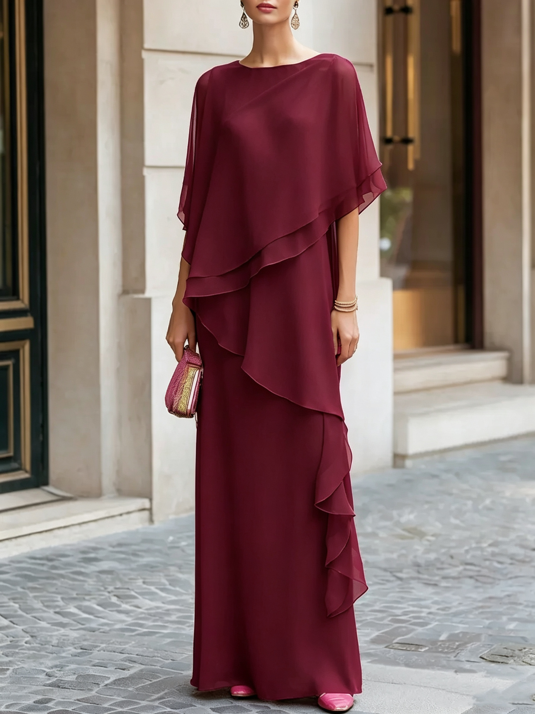 Layered Chiffon Boat Neck Floor-Length Evening Gown
