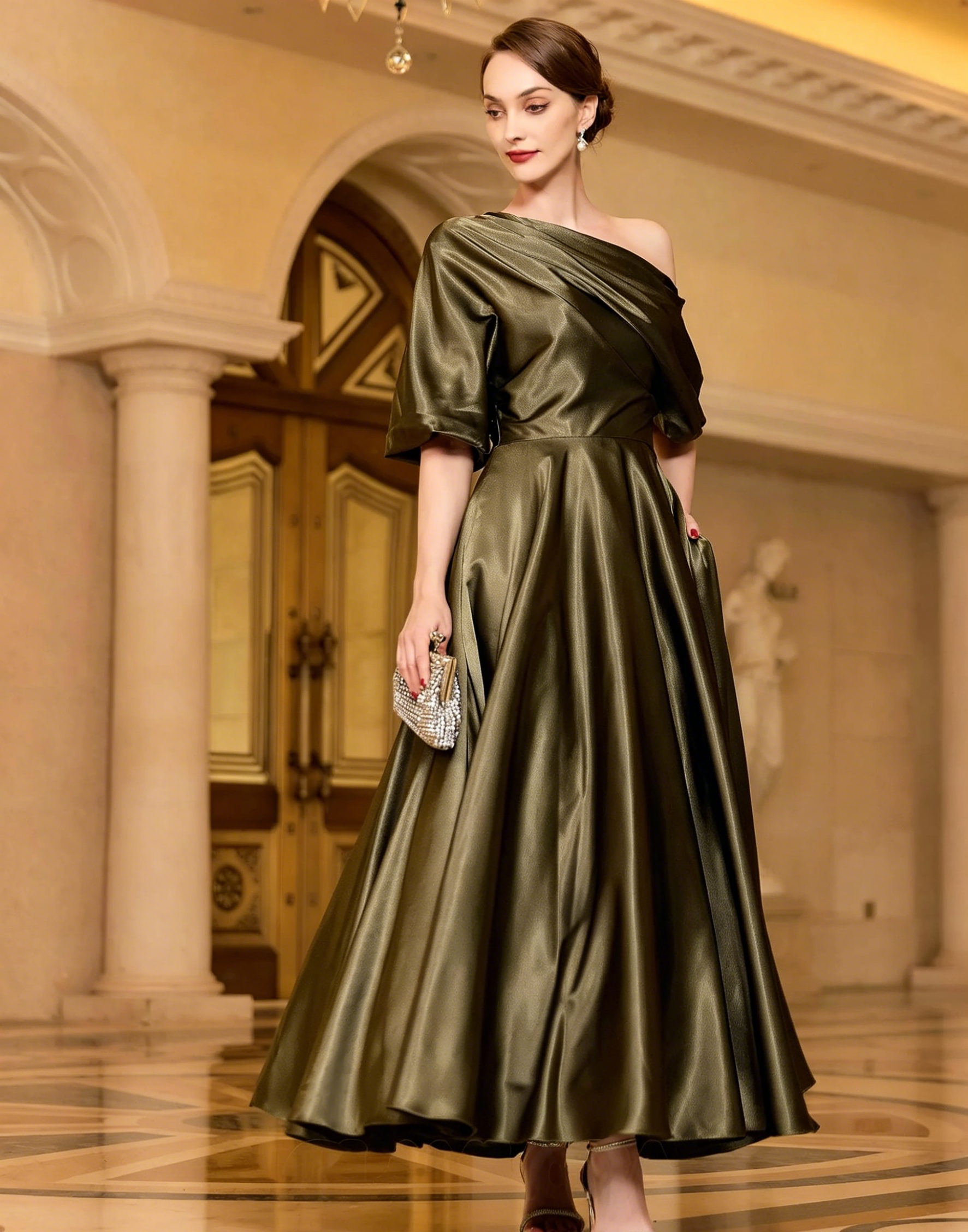 Radiant A-line Short Sleeves Pleated Ankle-Length Silk like Satin Mother of the Bride Dress