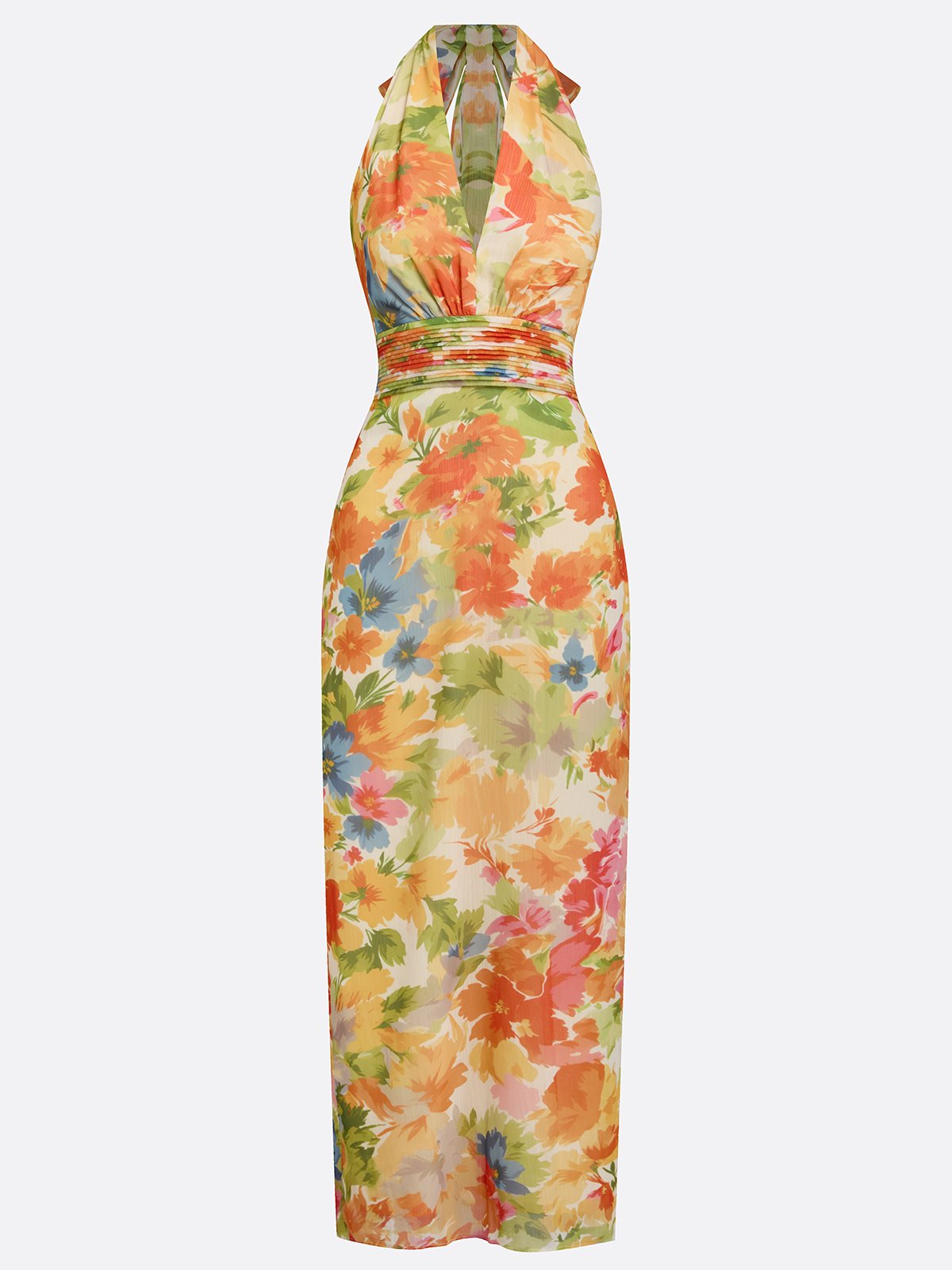 Yellow Floral Bow Chiffon Halter Neck Sleeveless Sheath Floor-length Gown Dress
