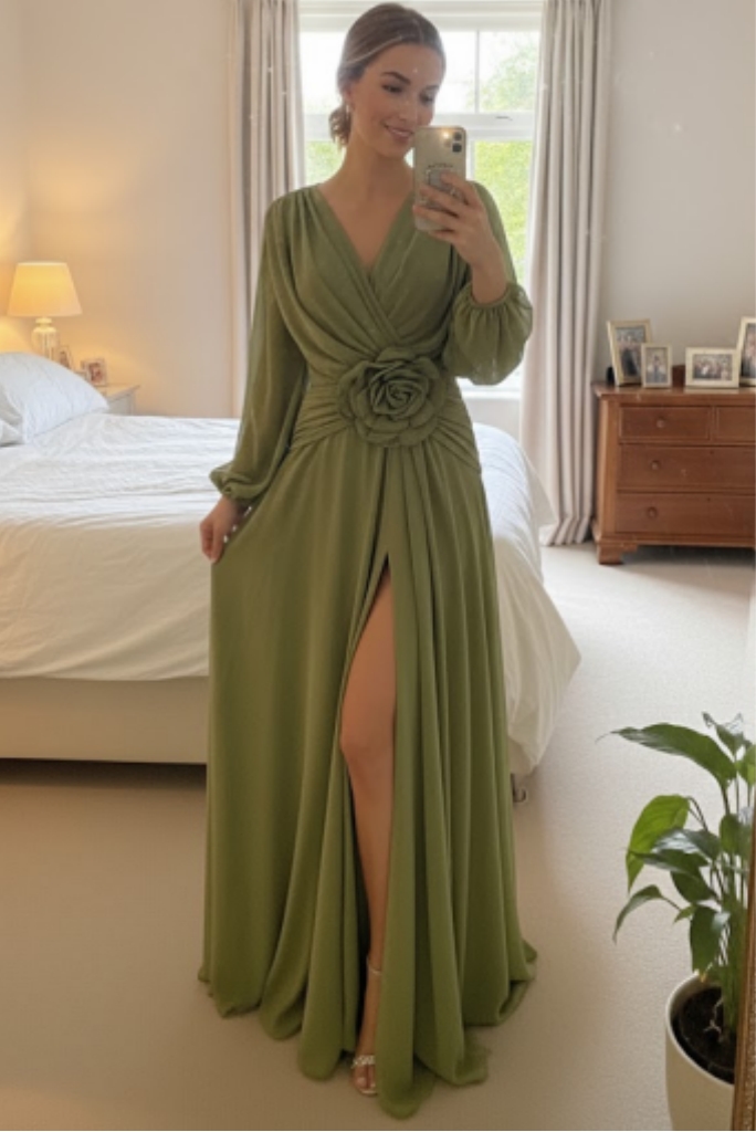 Elegant Chiffon Solid Color Long Slit Puff Sleeve Maxi Dress