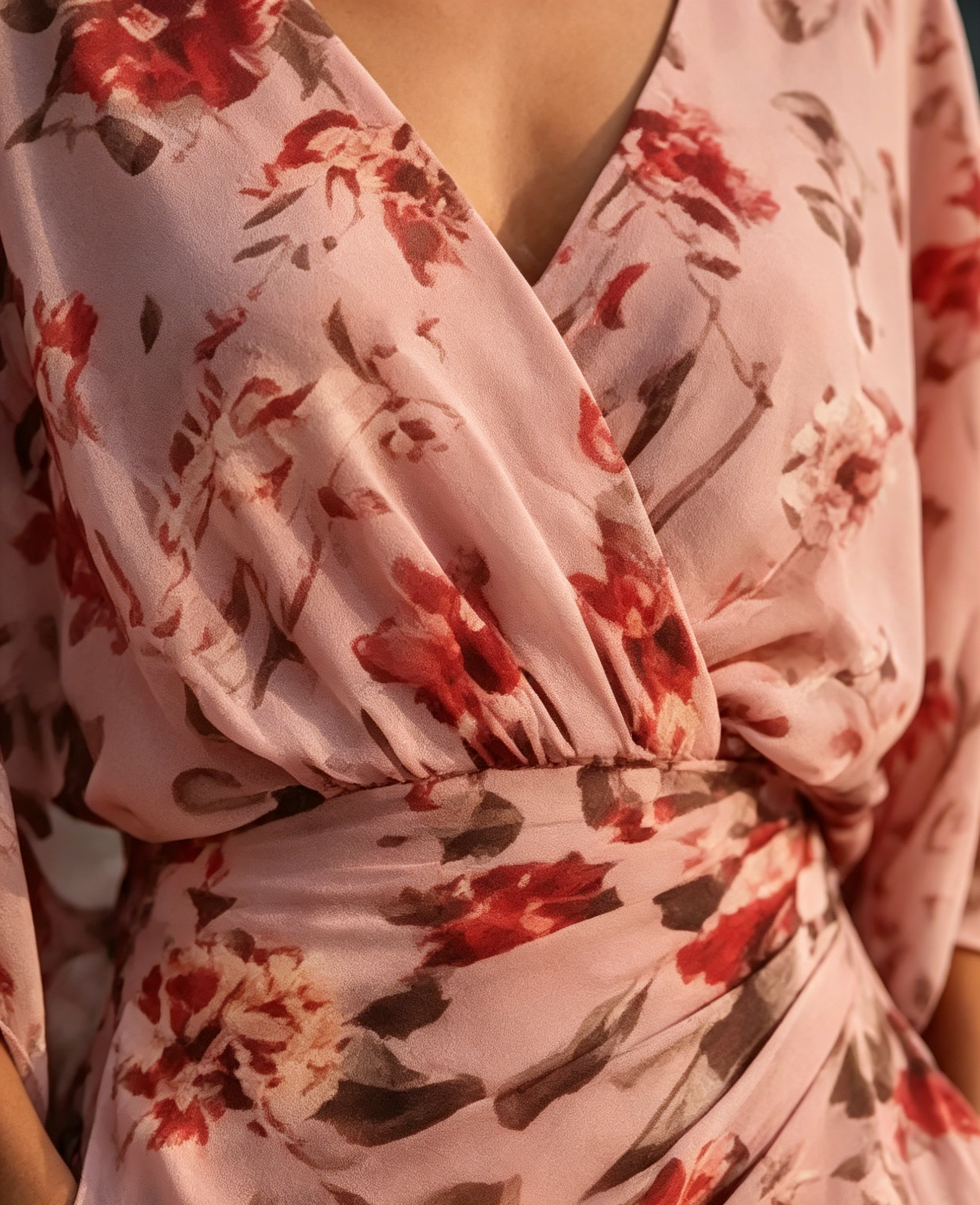 Pink Floral Chiffon Batwing Sleeve Pleated Maxi Dress