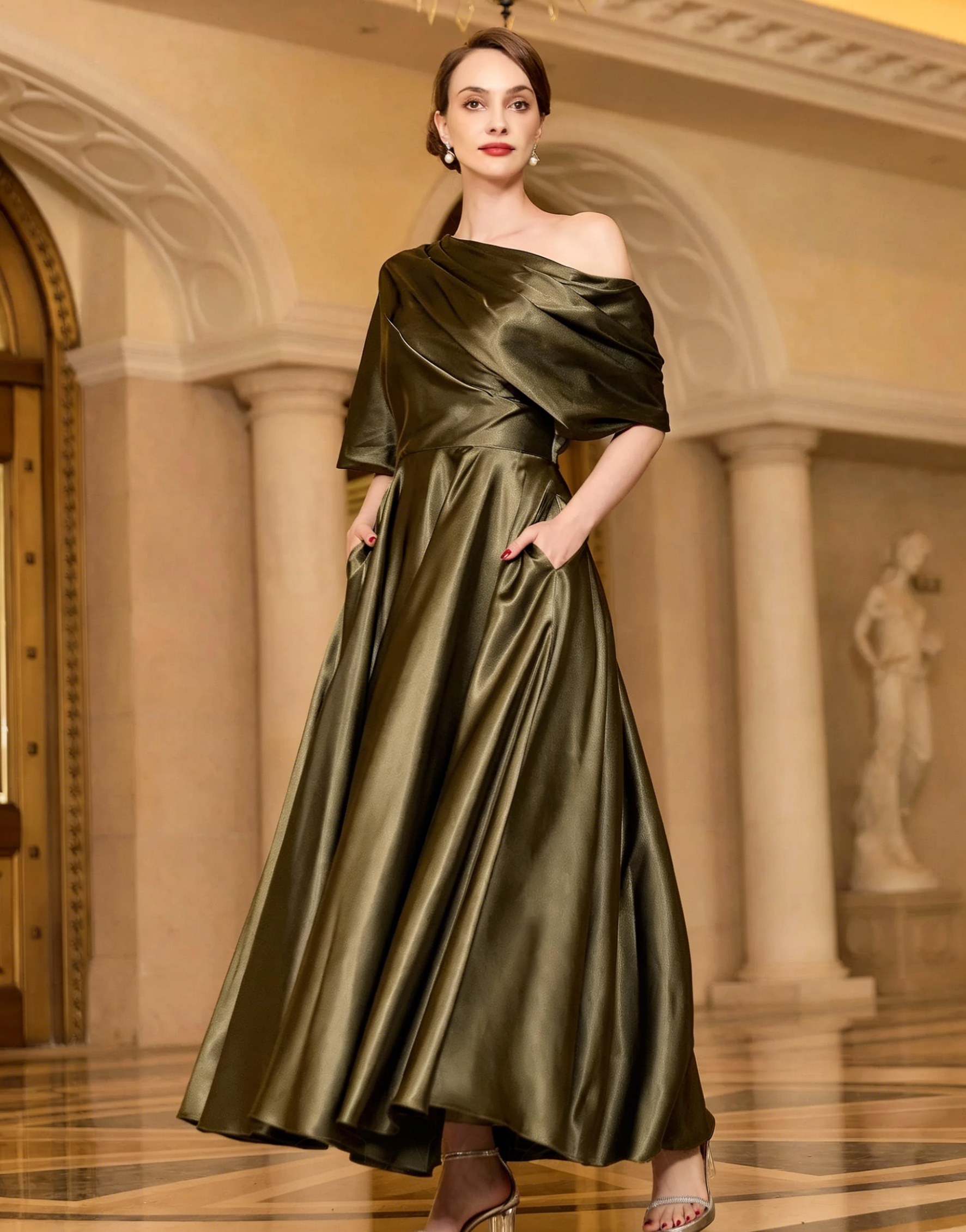 Radiant A-line Short Sleeves Pleated Ankle-Length Silk like Satin Mother of the Bride Dress
