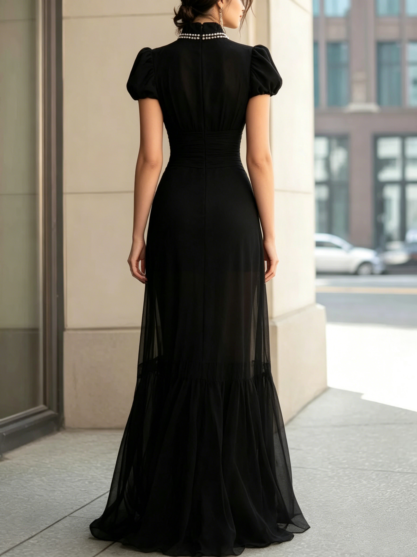 Black High-Neck Pearl-Trim Puff-Sleeve Sheer Panel Evening Gown