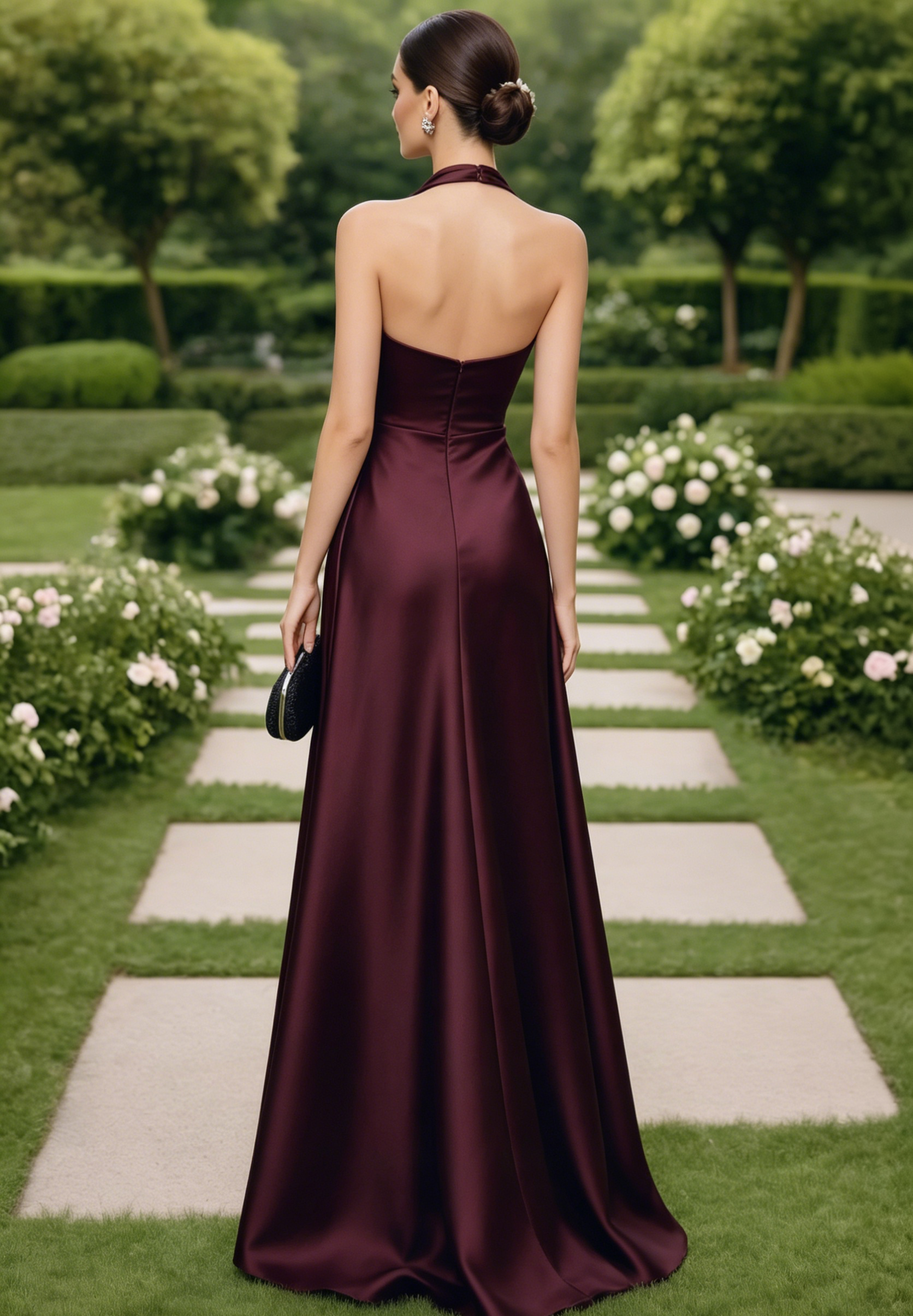 Formal Wedding Guest Dress Burgundy Halter Neck Maxi Satin Dress