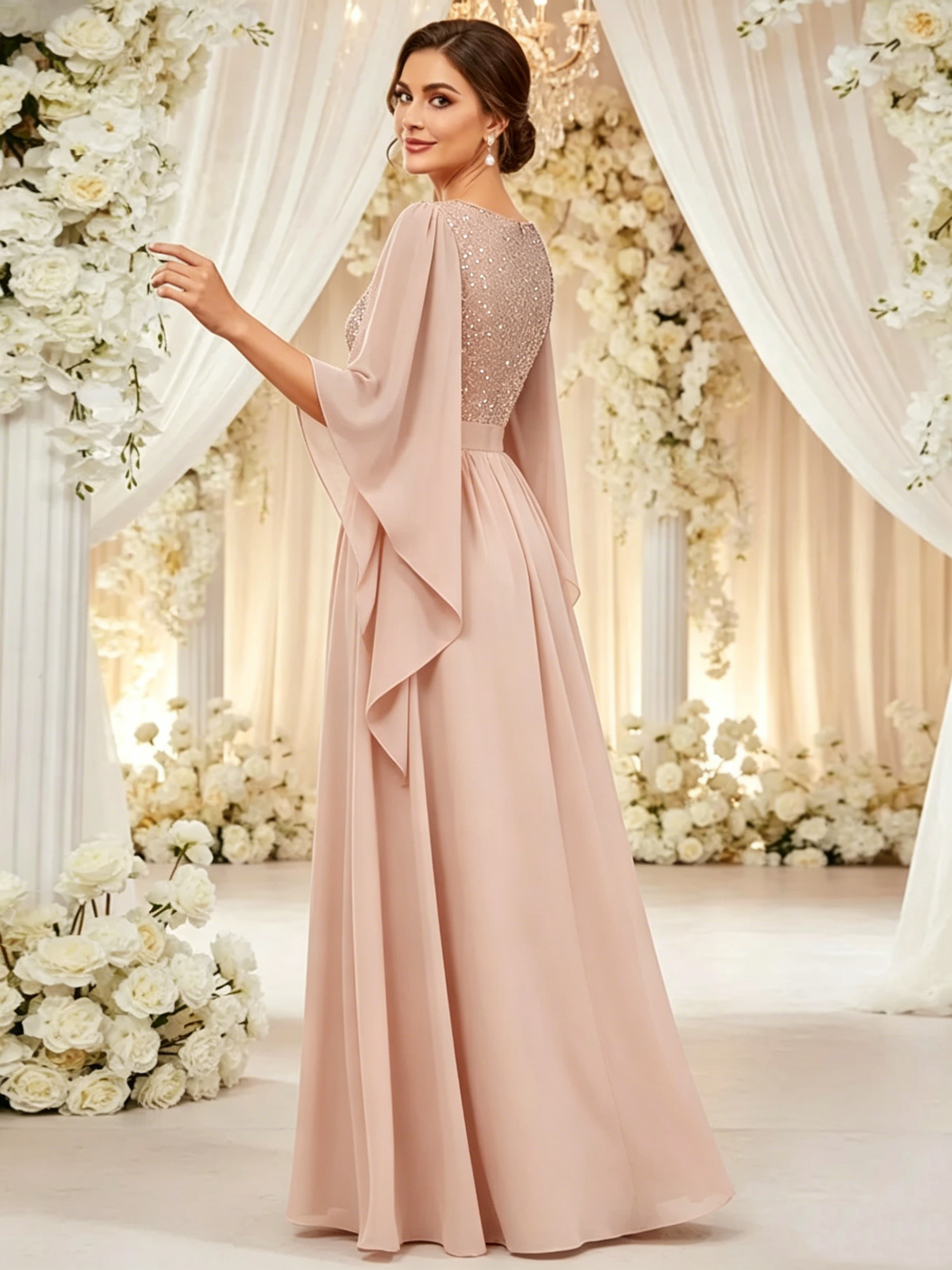 A-Line/Princess V Neck Long Sleeve Floor-Length Mother of the Bride Dresses with Sequin
