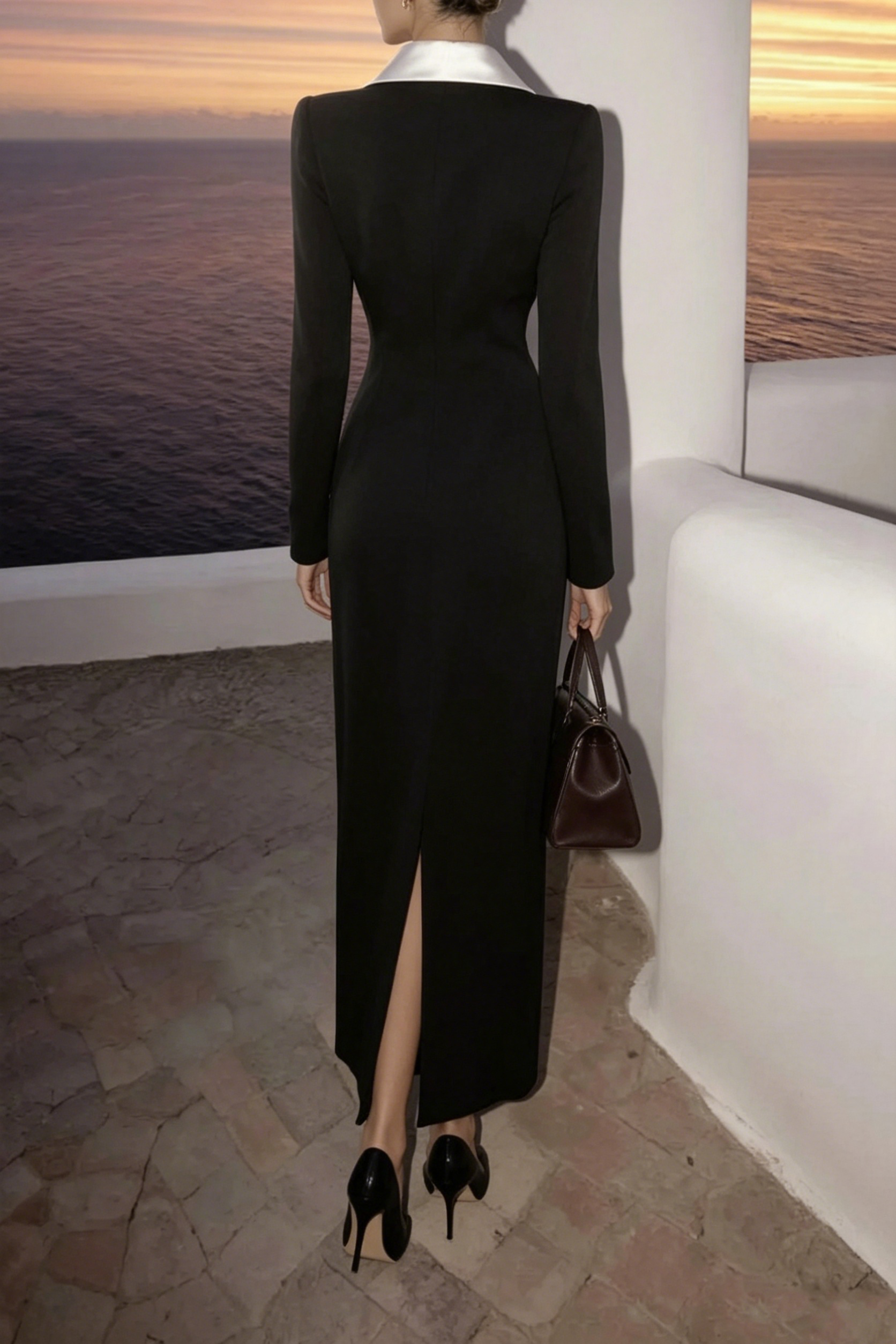 Work Dress Black White Lapel Long Sleeve Maxi Dress