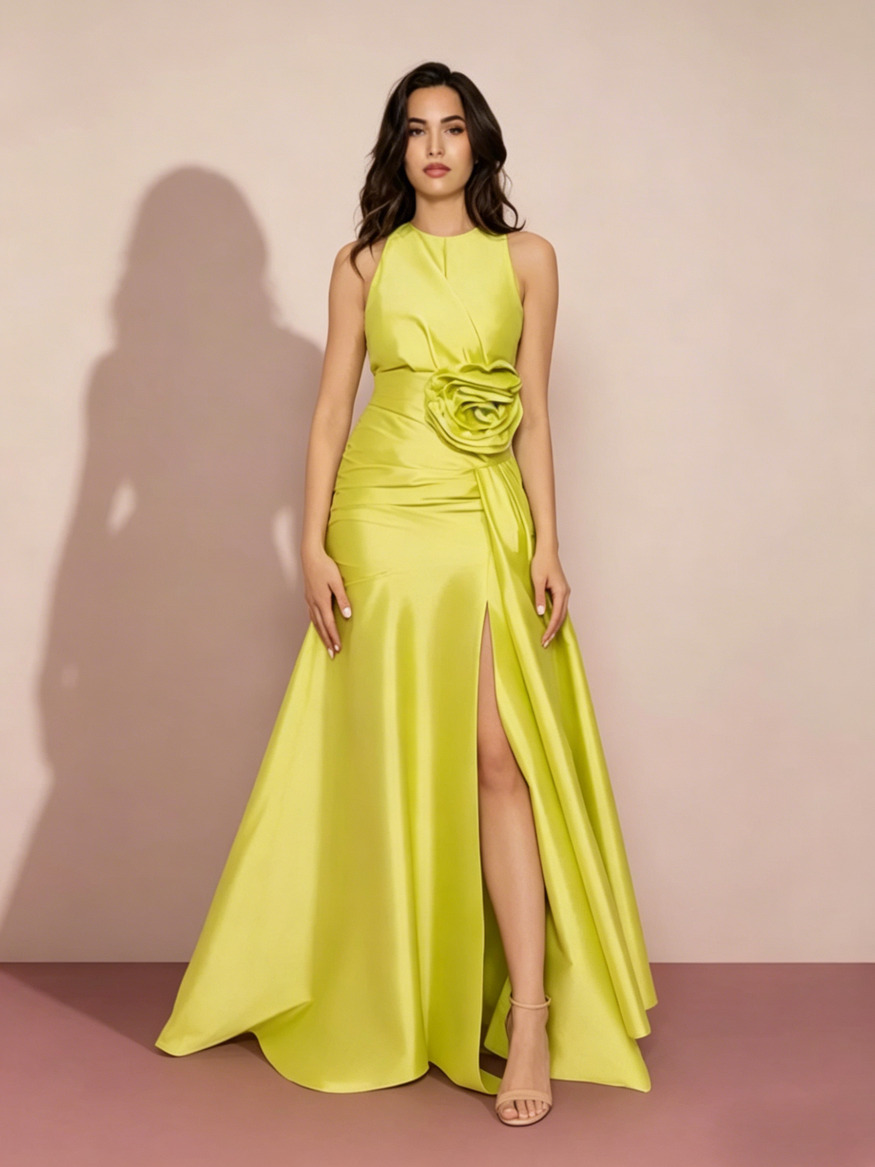 Satin A-Line Evening Gown with Sculptural Floral Detail