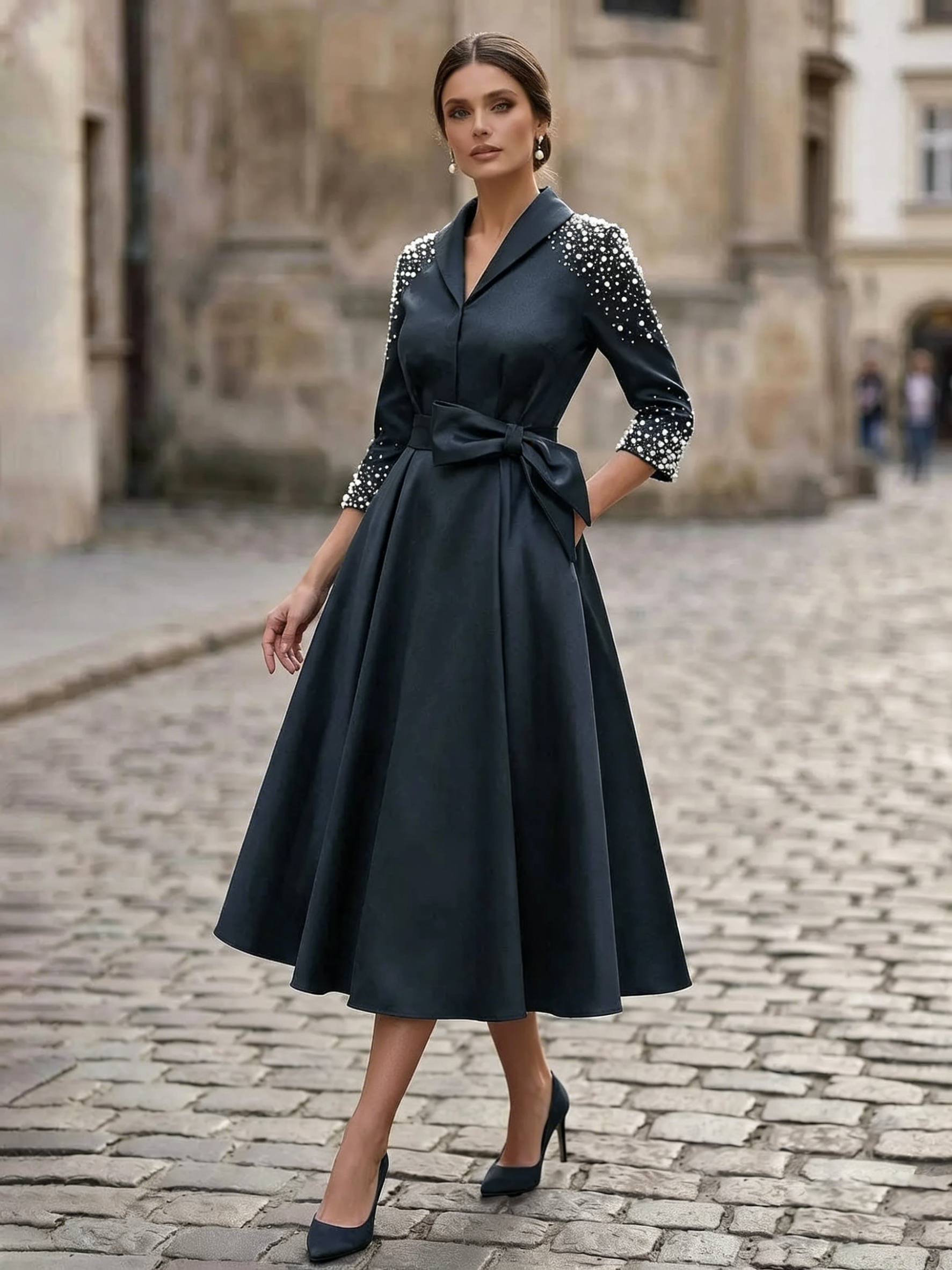 A-Line V-Neck 3/4 Sleeves Tea-Length Satin Mother Of The Bride Dresses With Bow(s)/Beading