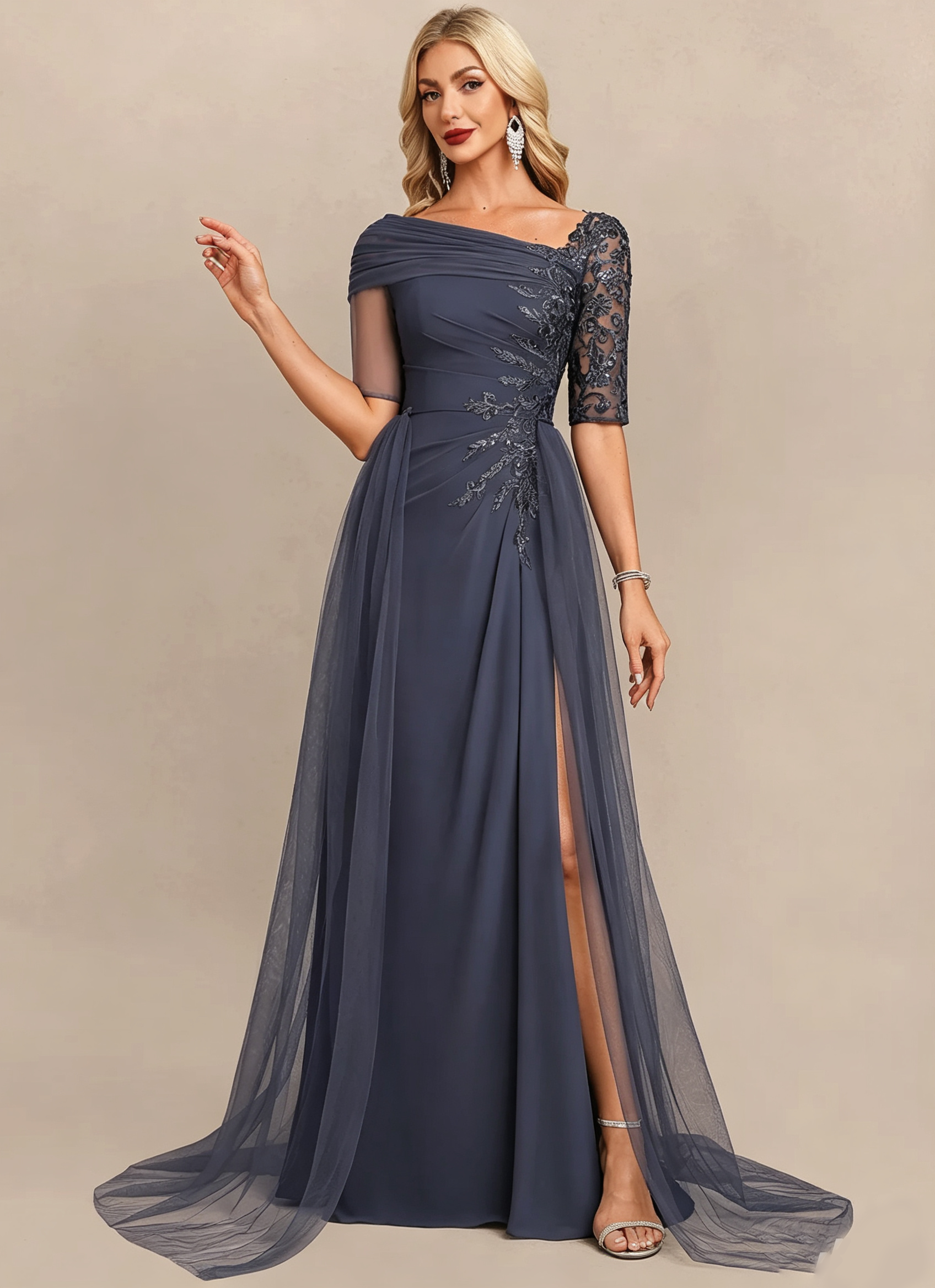 Ethereal Asymmetric Lace and Tulle Evening Gown