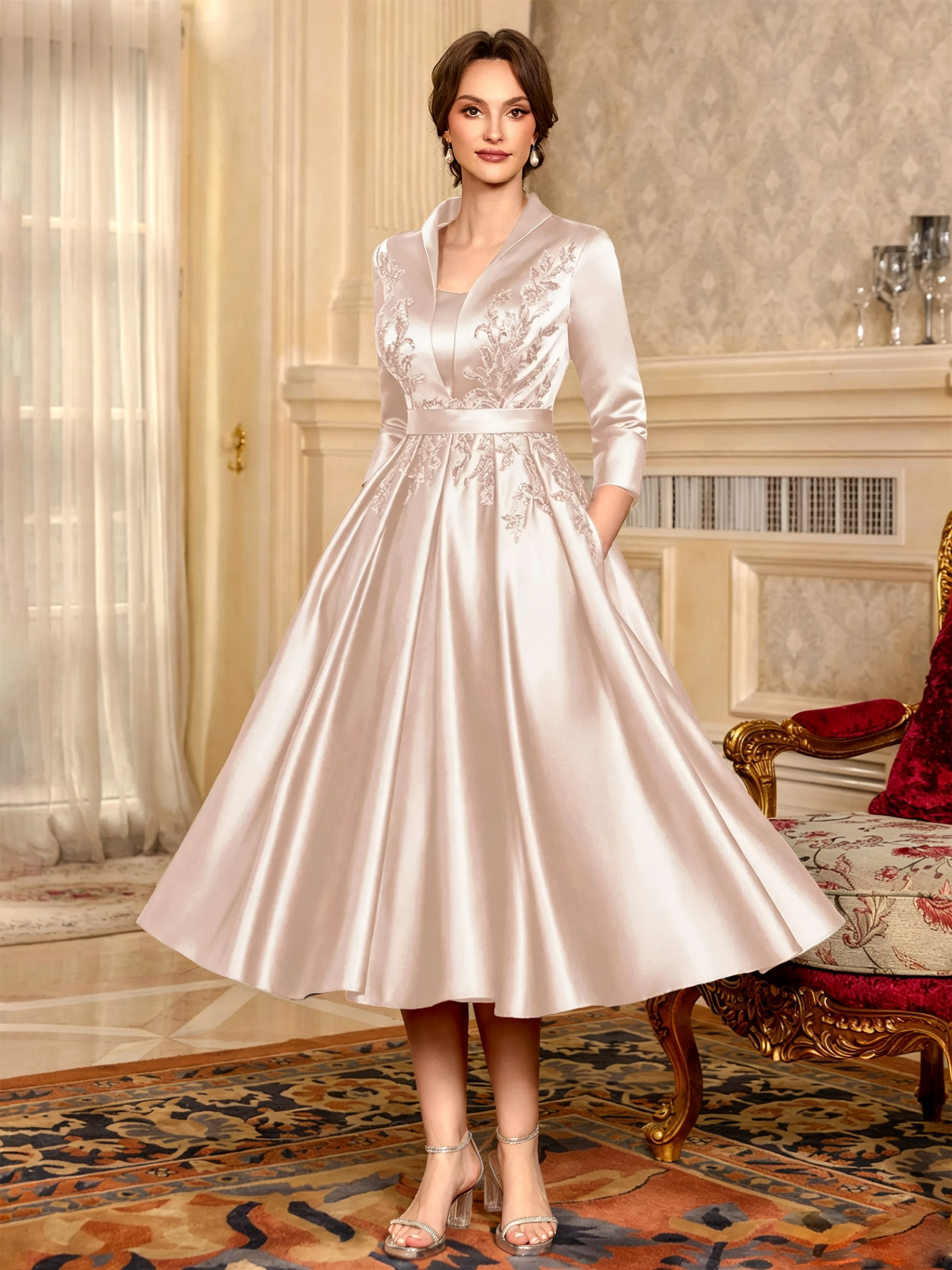 Elegant A-Line V-Neck Appliques Lace Tea-Length Satin Corset Mother of the Bride Dress