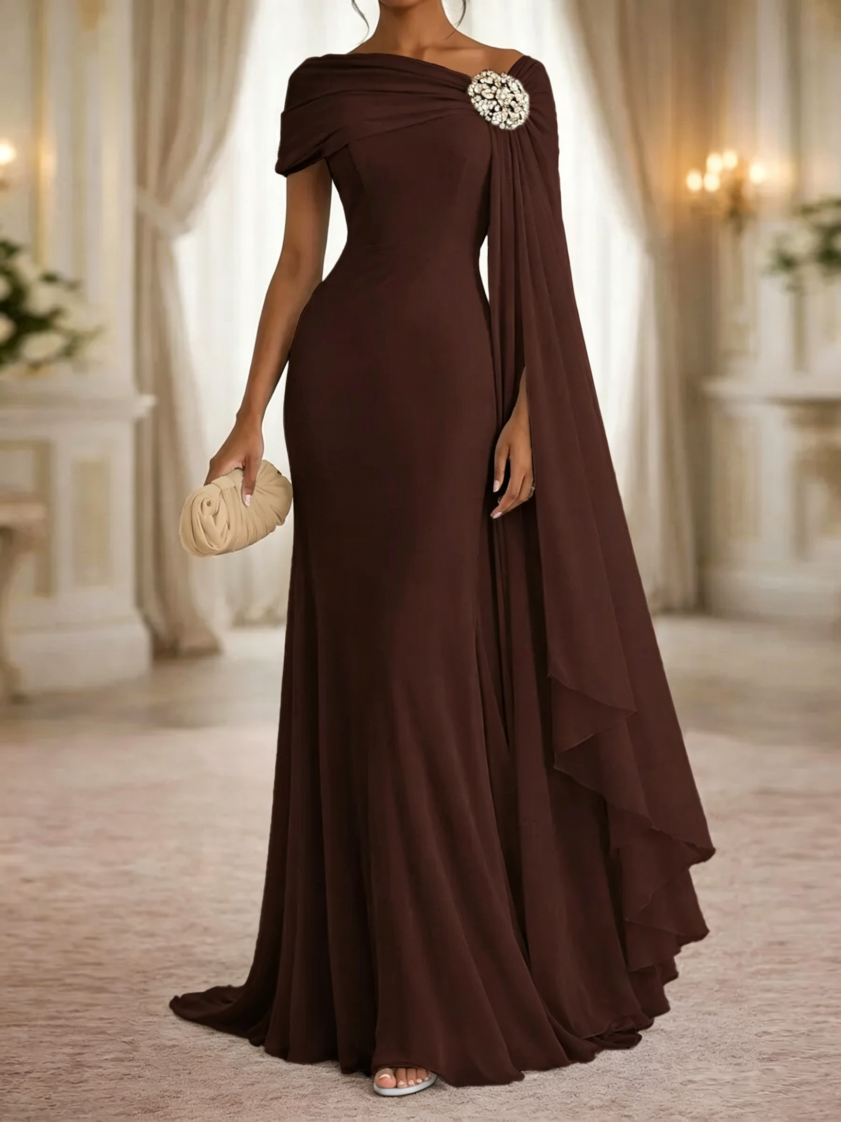 Stunning Sheath One-Shoulder Rhinestone Sweep Train Chiffon Corset Mother of the Bride Dress