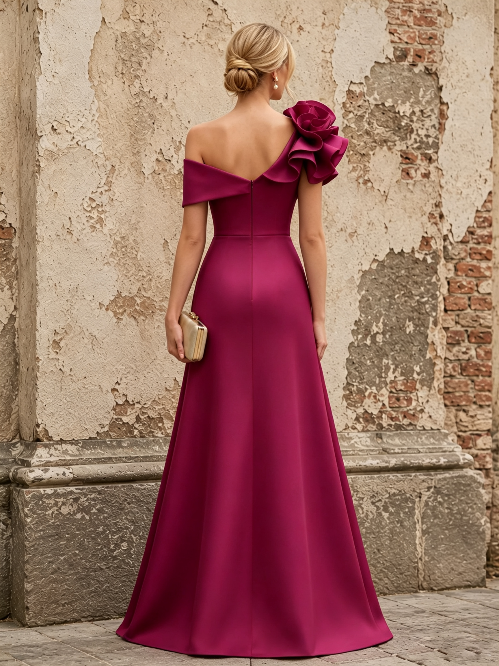 One-Shoulder Ruffle Rosette Trim Mermaid Evening Gown