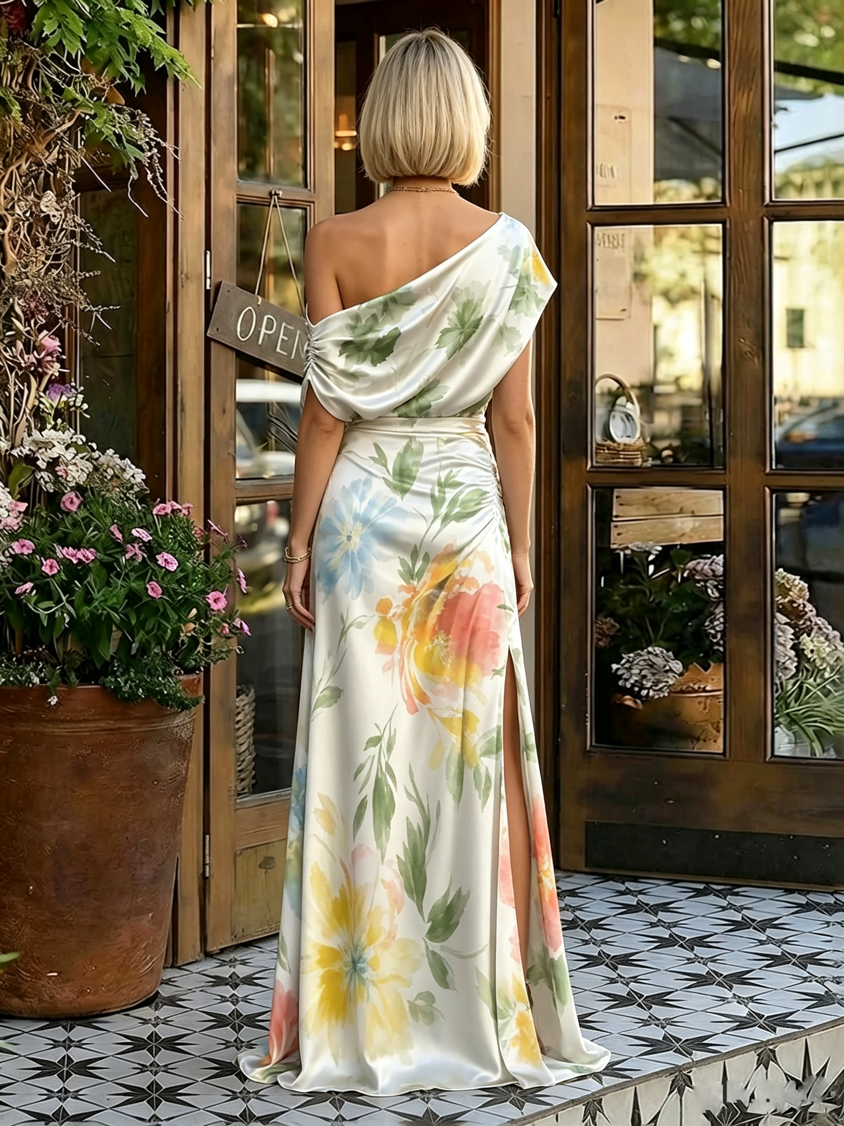 One-Shoulder Watercolor Floral Print Gown