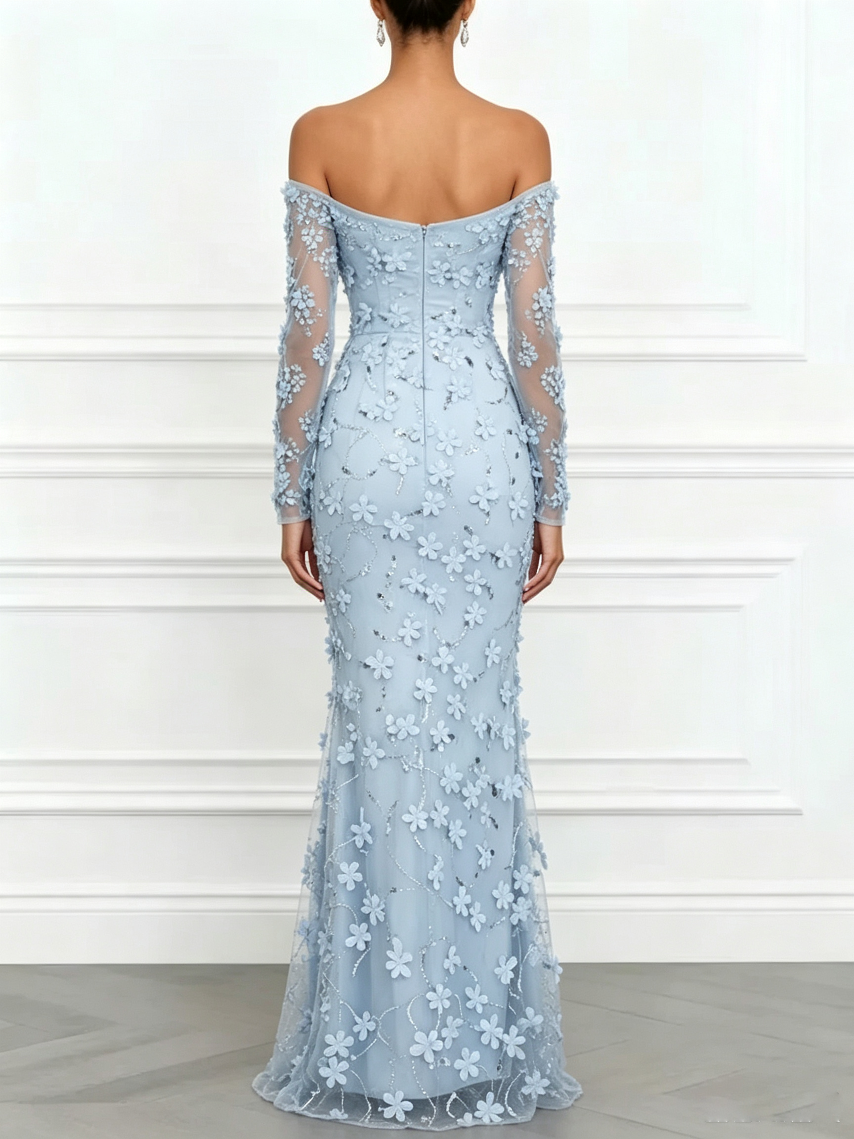 3D Floral Appliqué Off-the-Shoulder Long-Sleeve Evening Gown