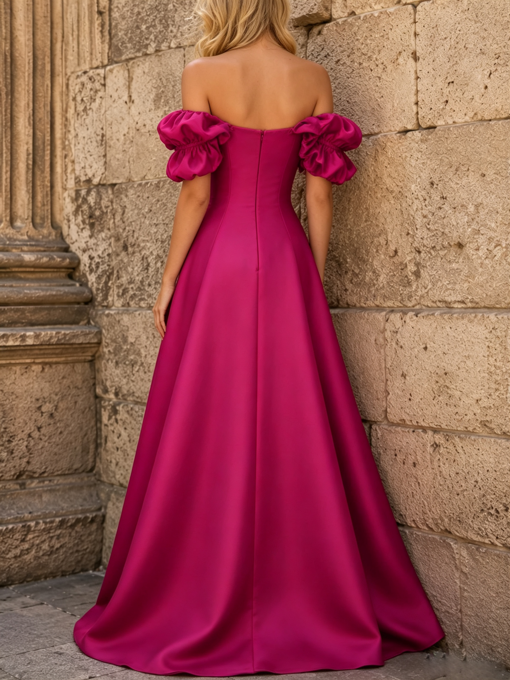 Off-the-Shoulder Ruffled Puff-Sleeve Satin Evening Gown