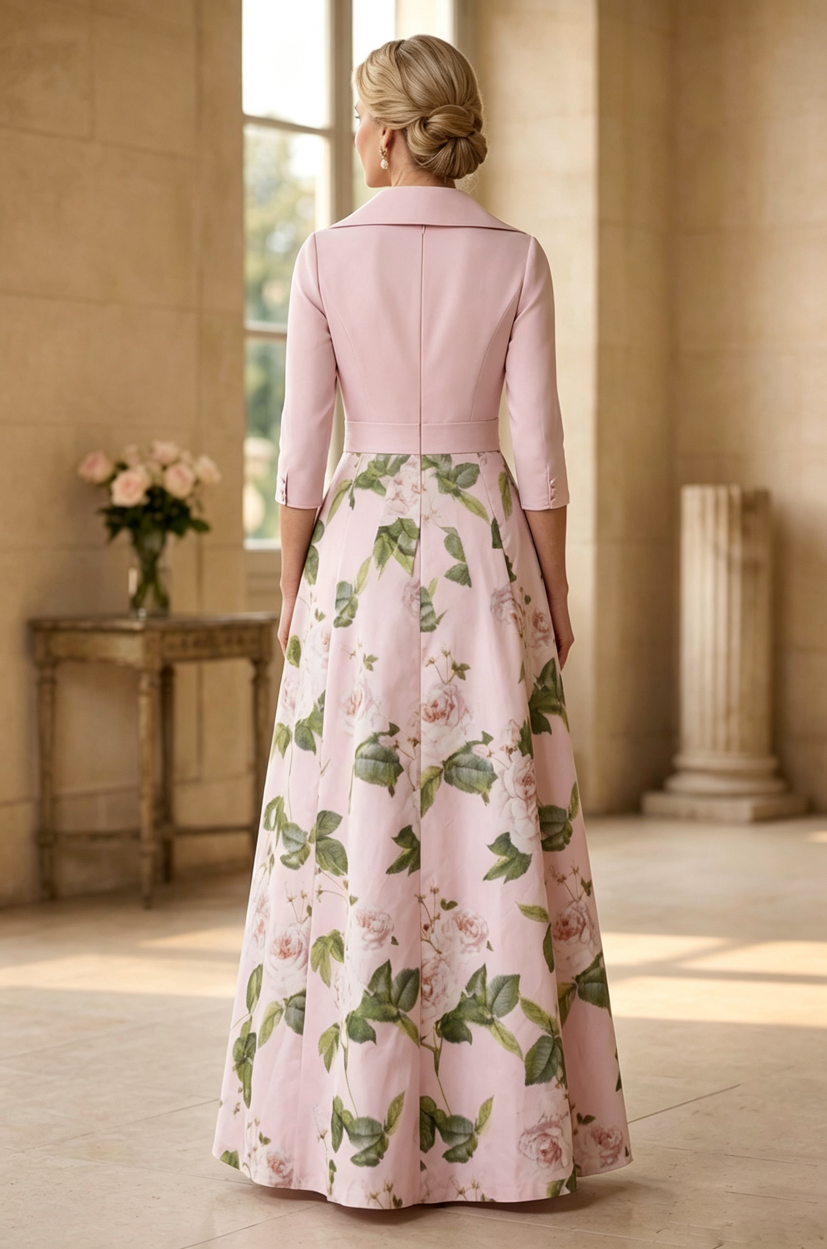 Lapel Collar Floral Print Taffeta Evening Gown