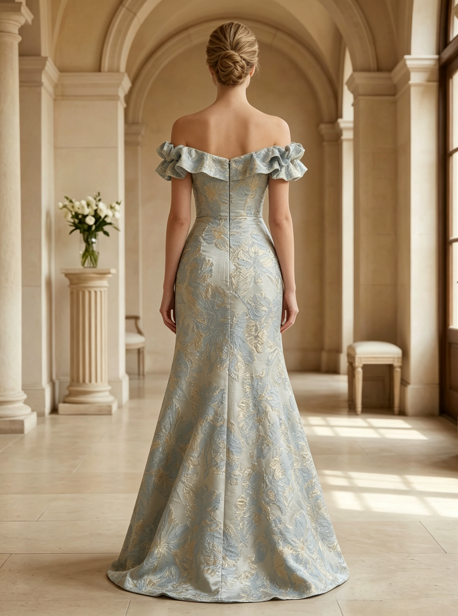 Off-the-Shoulder Ruffled Jacquard Evening Gown