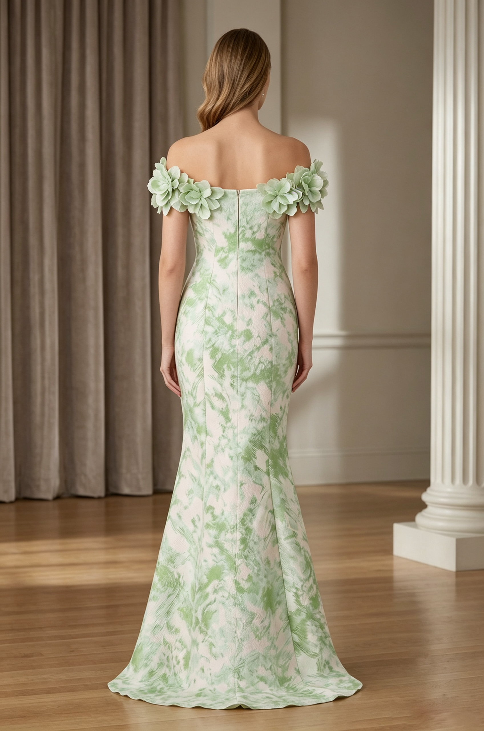 3D Floral Appliqué Off-the-Shoulder Mermaid Evening Gown