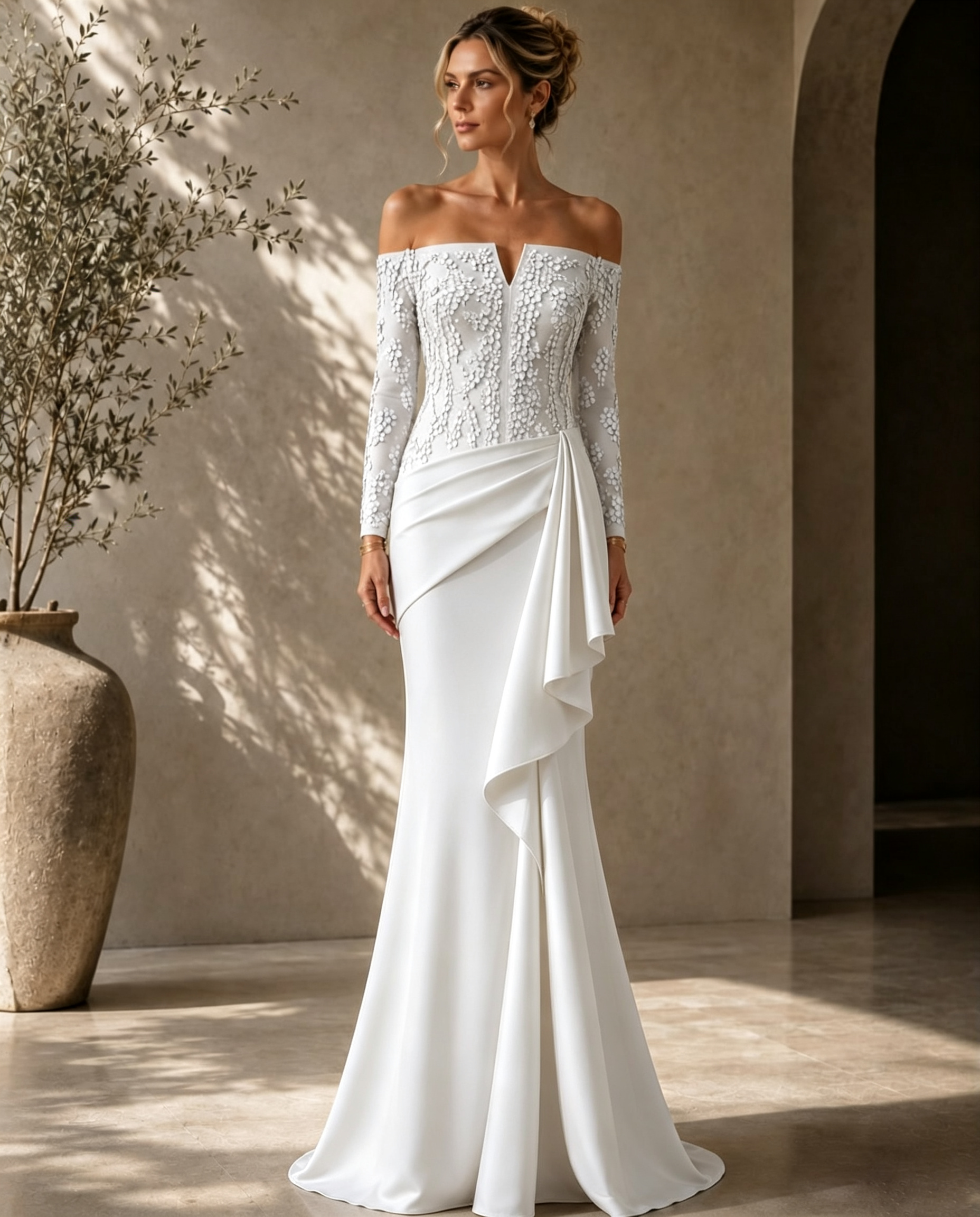 Elegant Off-Shoulder Lace-Bodice Gown