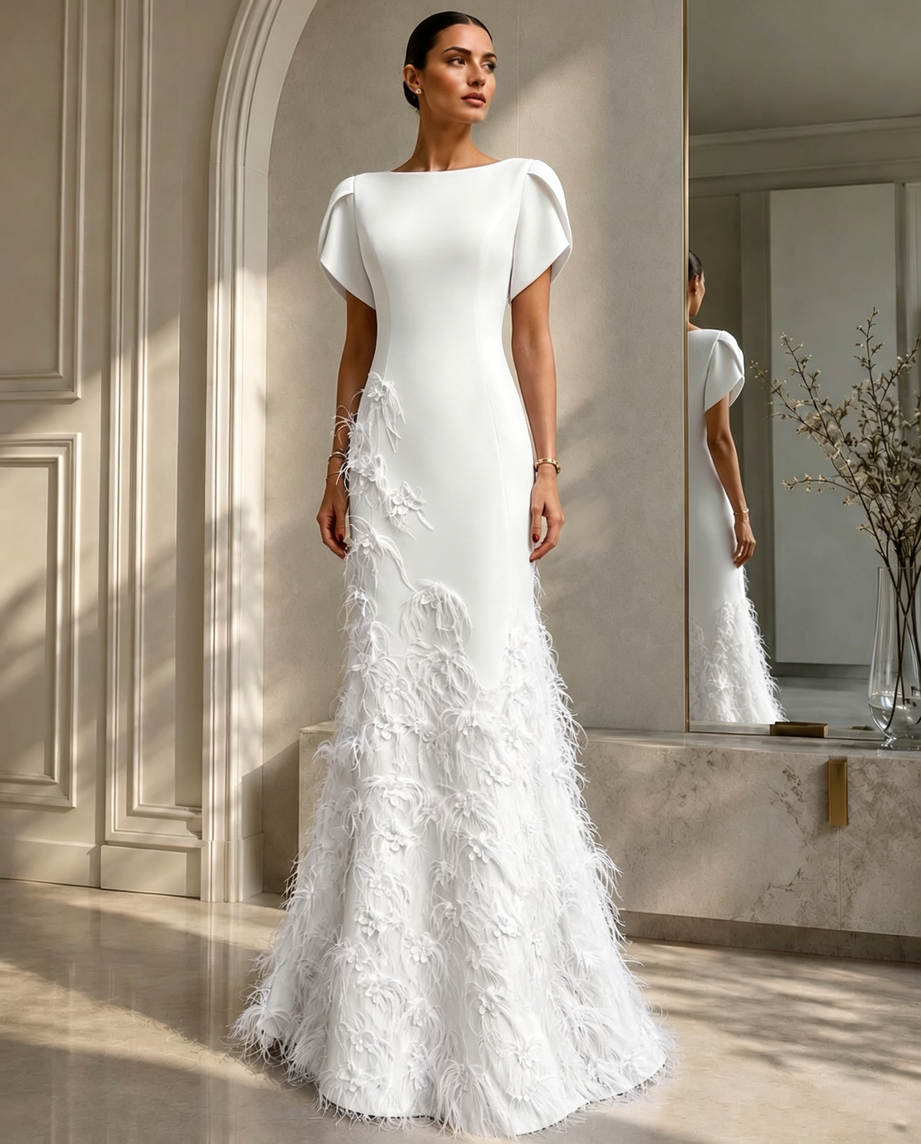 Elegant Lavender Boat-Neck Gown With Floral Feather Appliqué