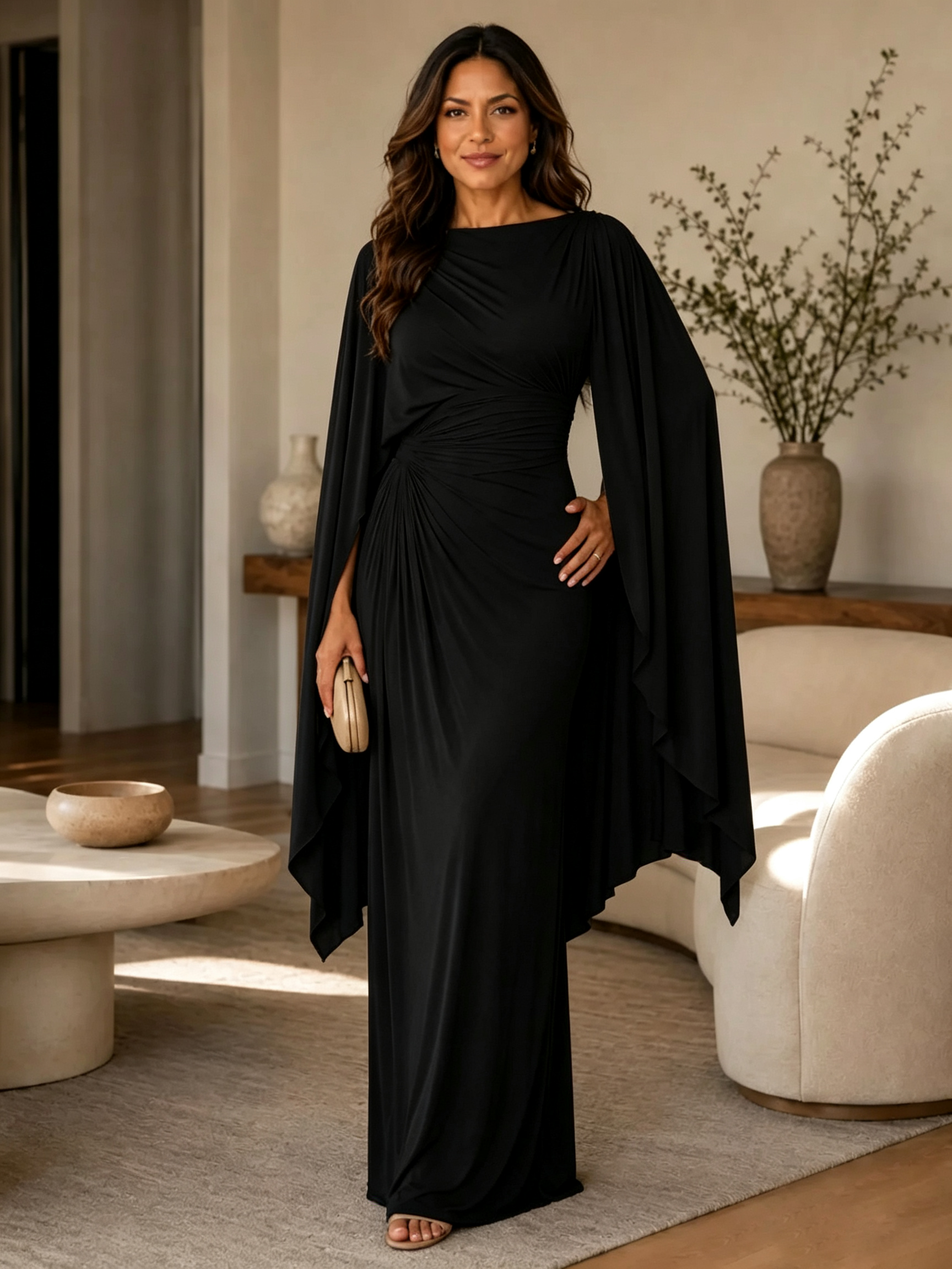 Boat Neck Draped Cape Sleeve Evening Gown