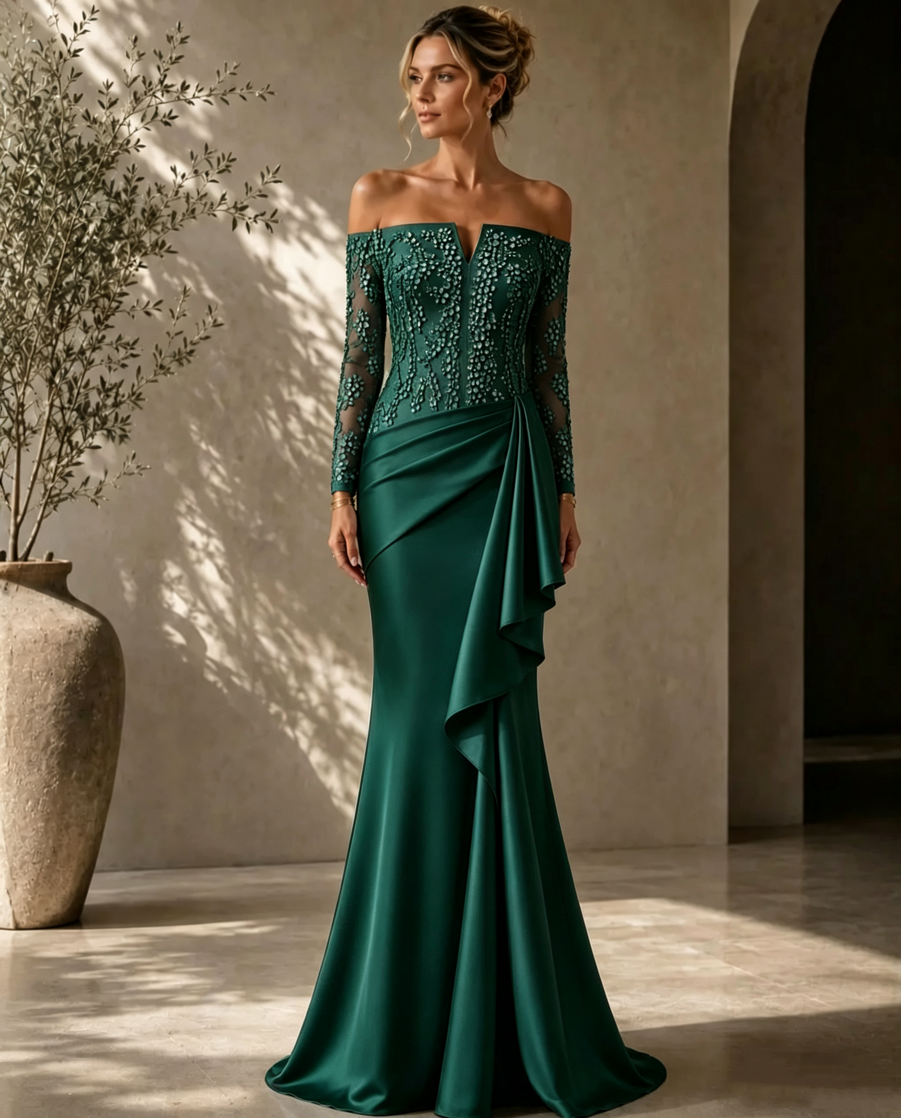 Elegant Off-Shoulder Lace-Bodice Gown