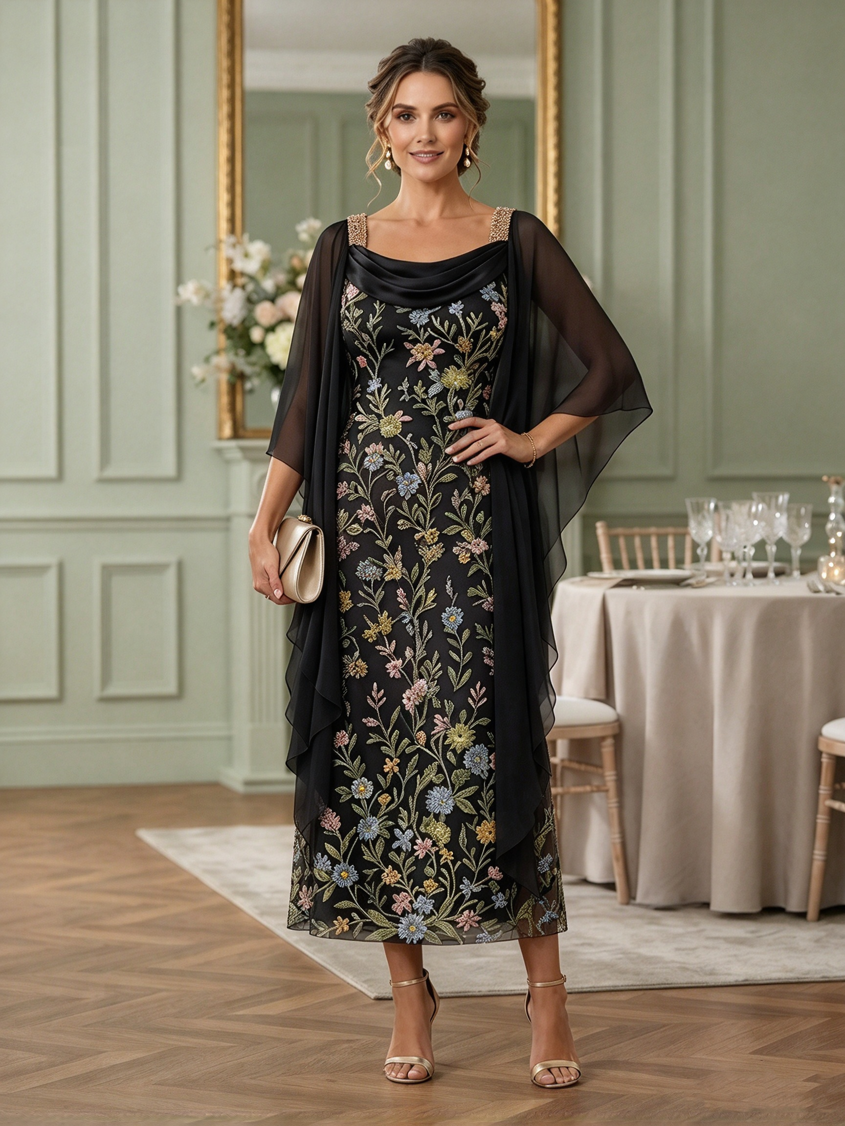 Embroidered Mesh Midi Dress With Chiffon Capelet