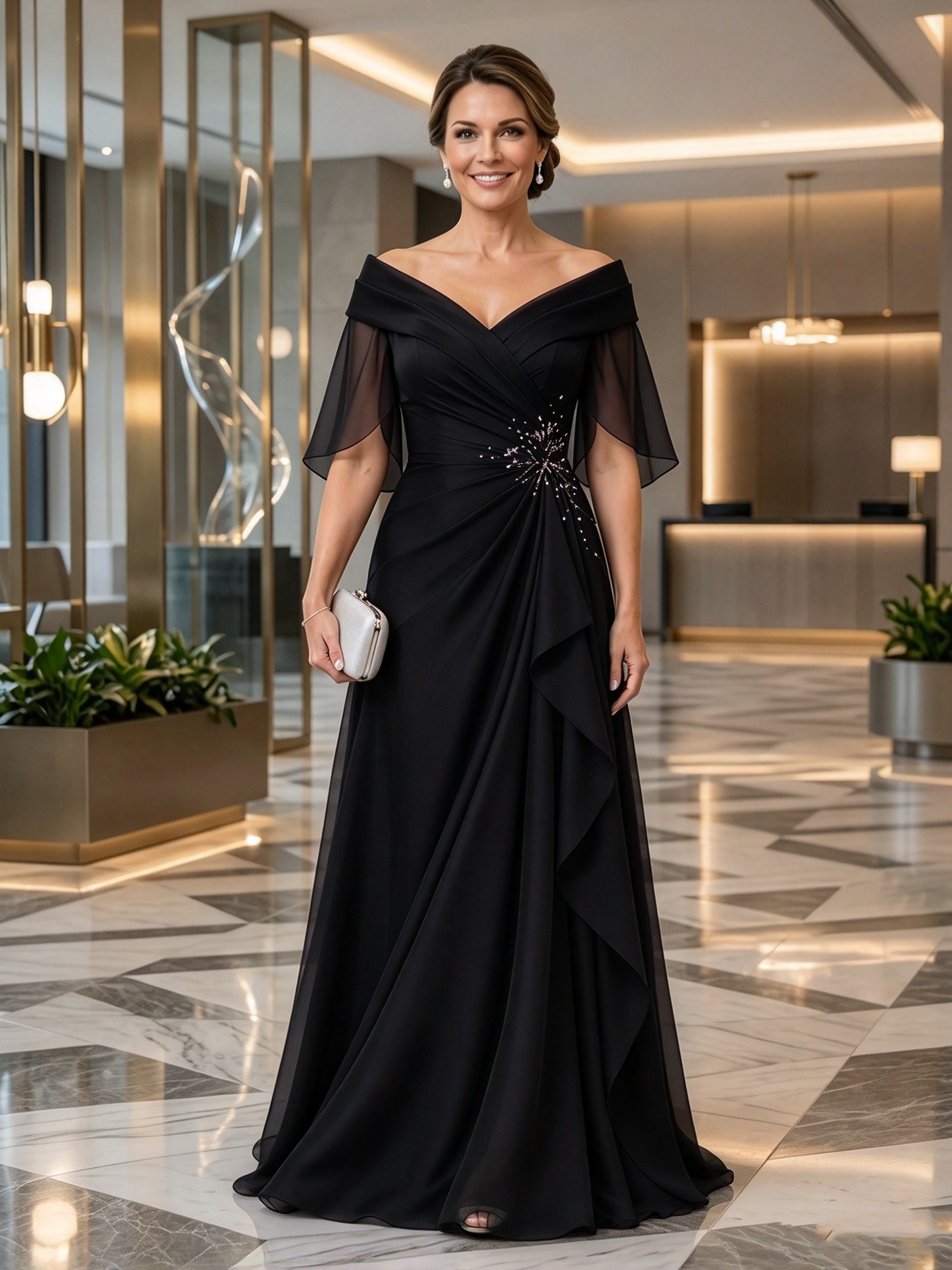 Off-The-Shoulder Beaded Chiffon Evening Gown
