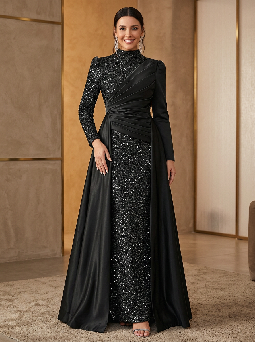 High Neck Long Sleeve Sequin and Satin Evening Gown With Overskirt
