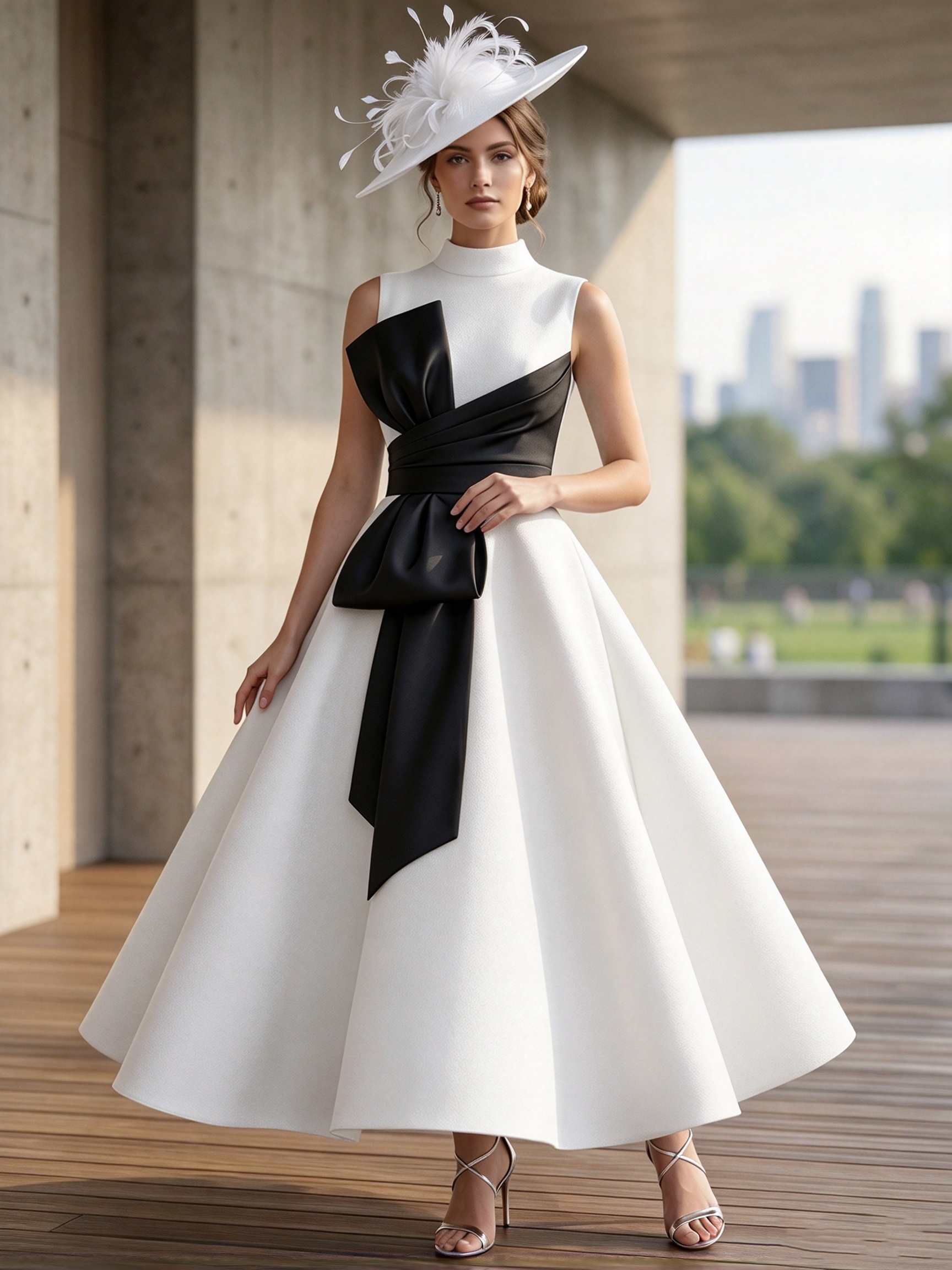 Sleeveless High Neck Mikado Satin Ankle-Length A-Line Dress With Contrast Bow