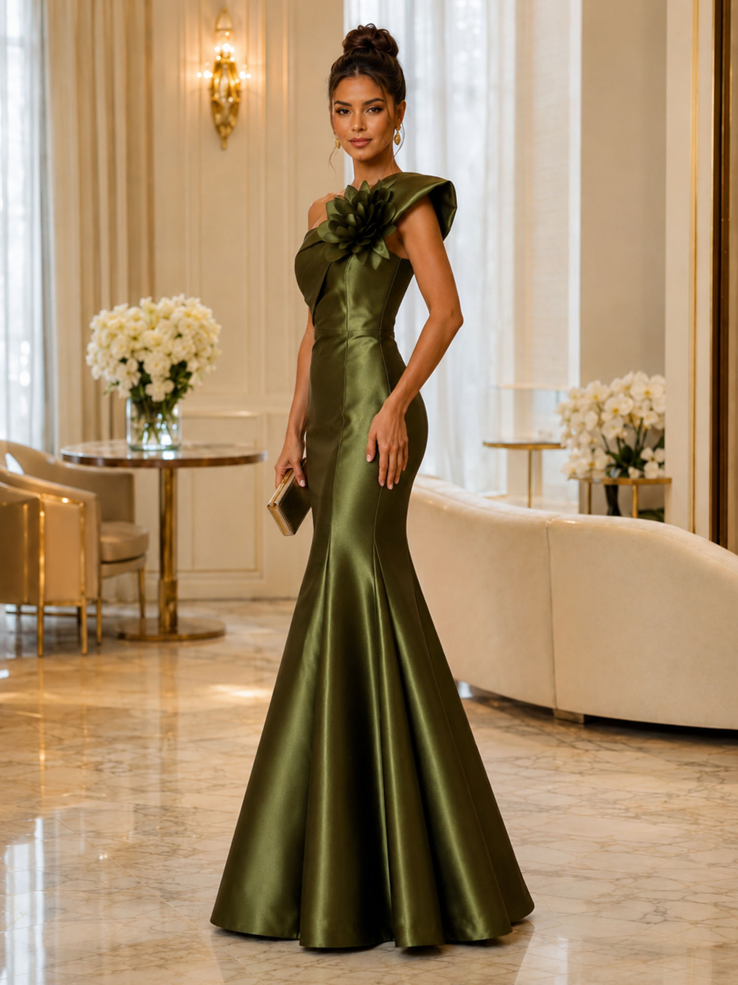 One Shoulder 3D Floral Satin Mermaid Evening Gown