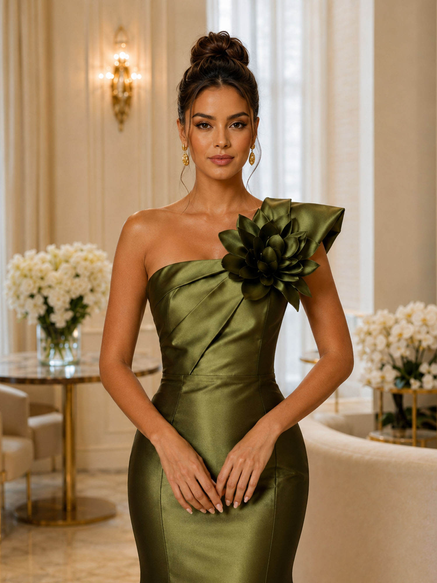 One Shoulder 3D Floral Satin Mermaid Evening Gown