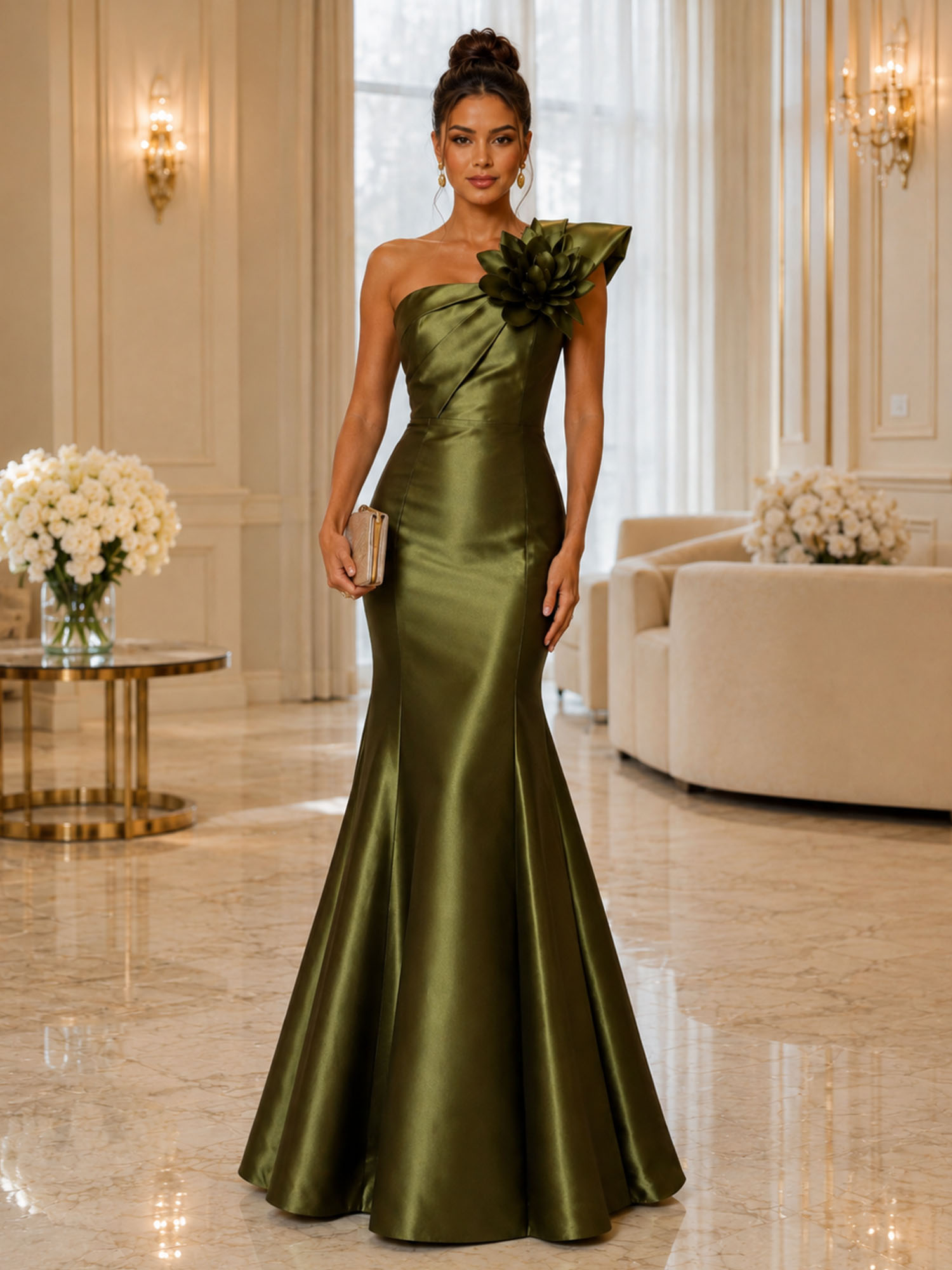 One Shoulder 3D Floral Satin Mermaid Evening Gown