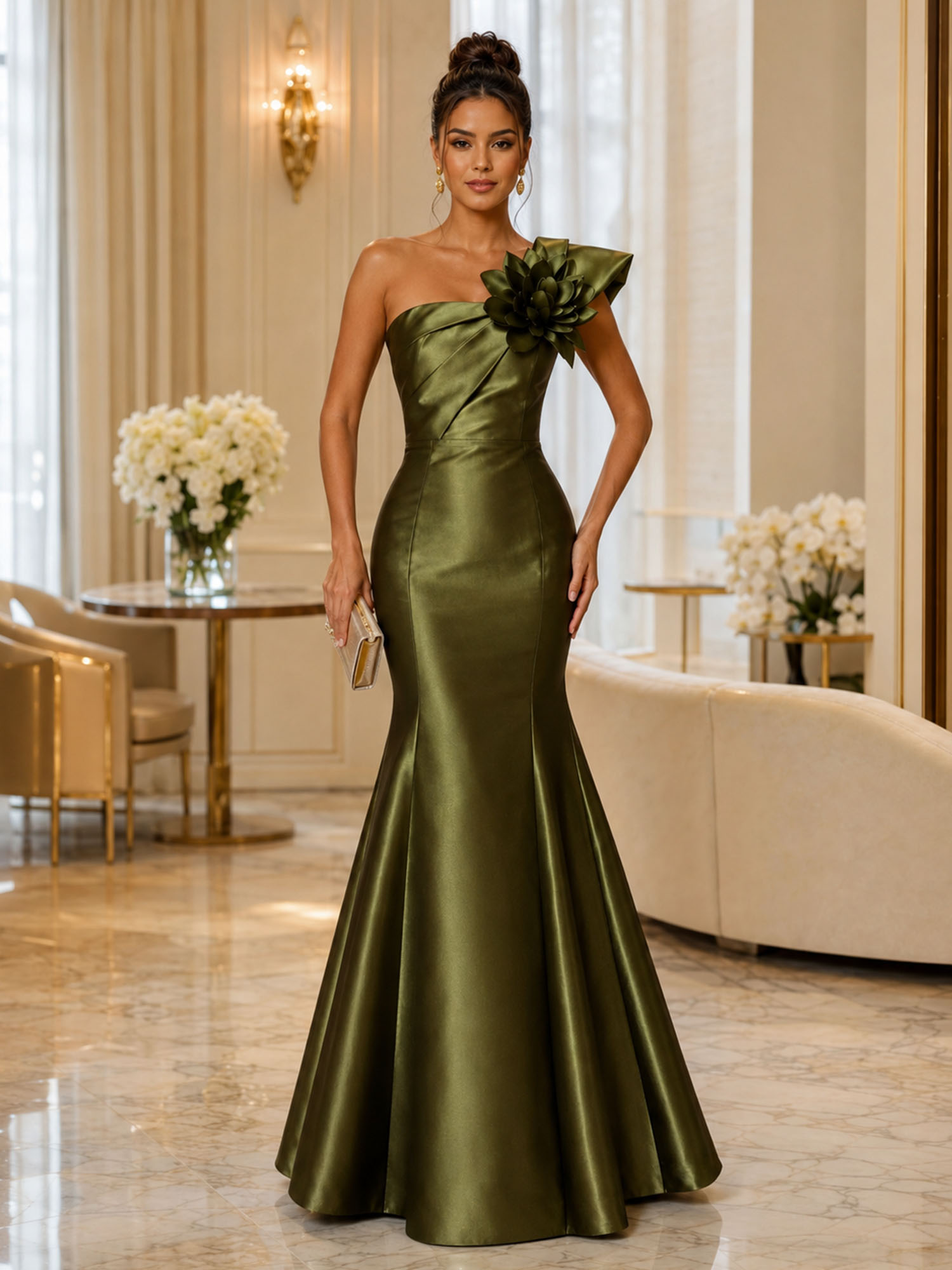 One Shoulder 3D Floral Satin Mermaid Evening Gown