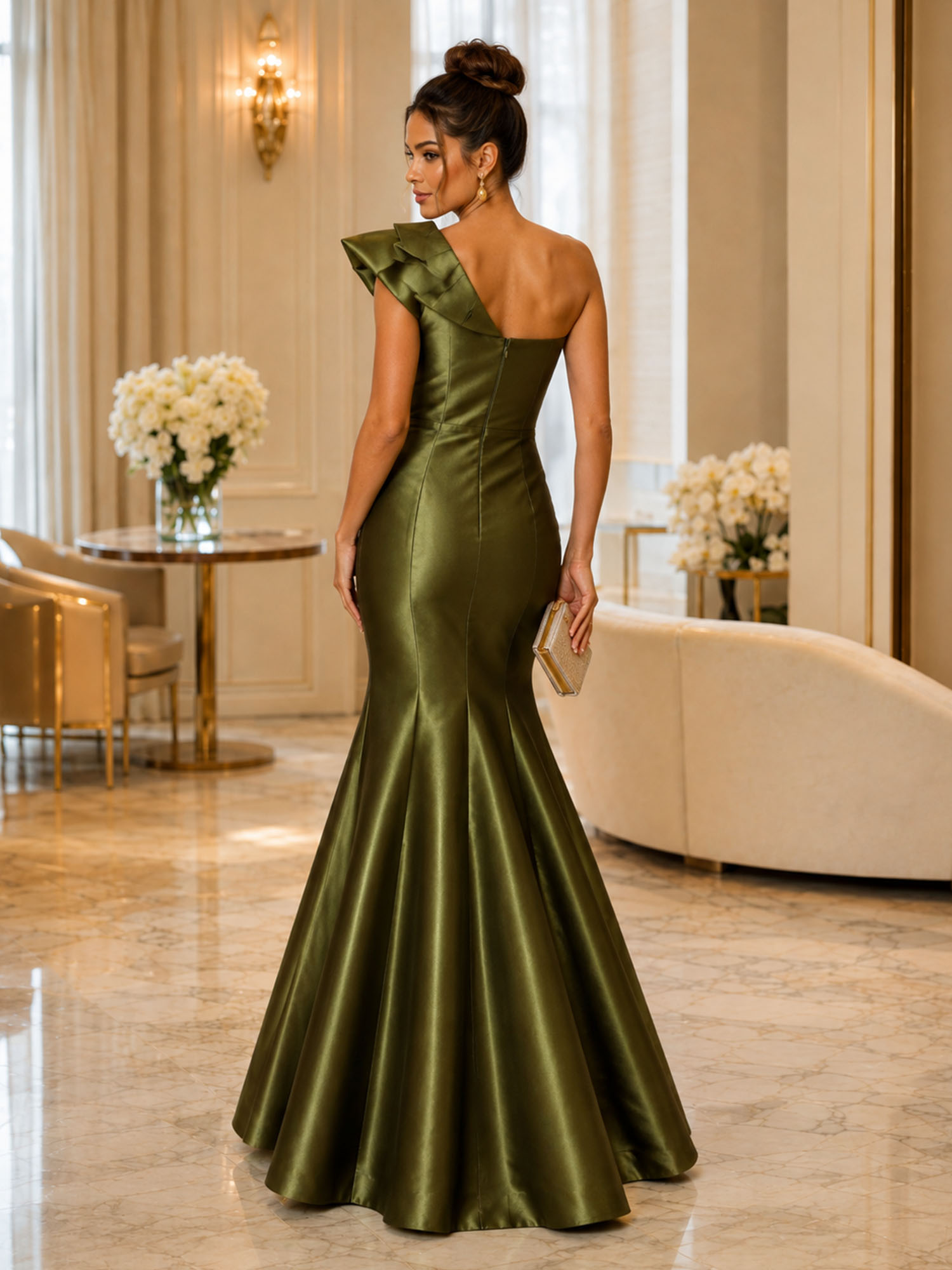 One Shoulder 3D Floral Satin Mermaid Evening Gown