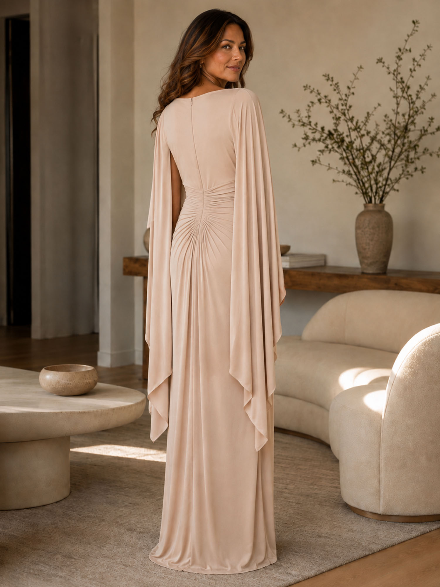 Boat Neck Draped Cape Sleeve Evening Gown