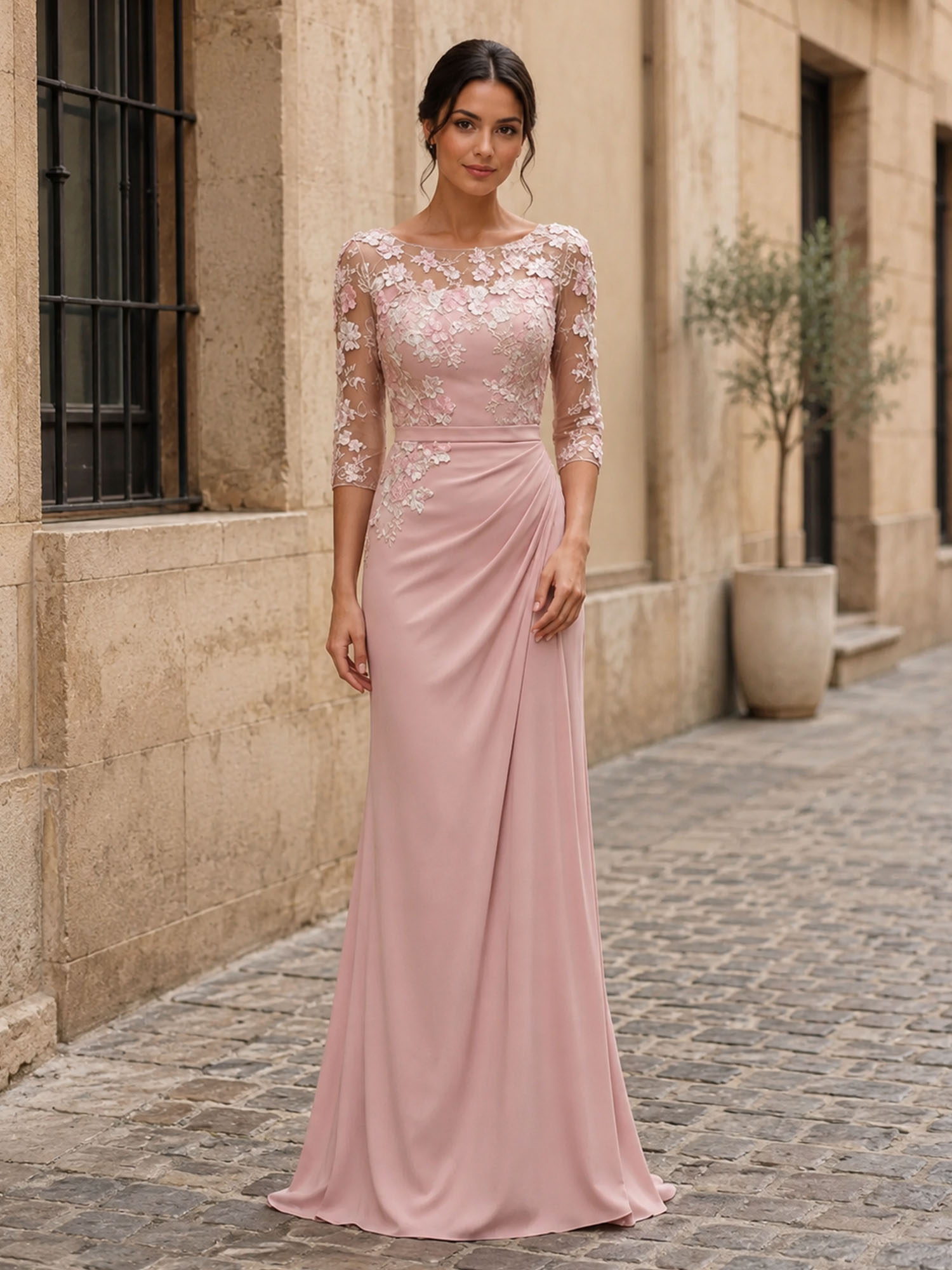 Illusion Three-Quarter Sleeve Floral Applique Long Evening Dress