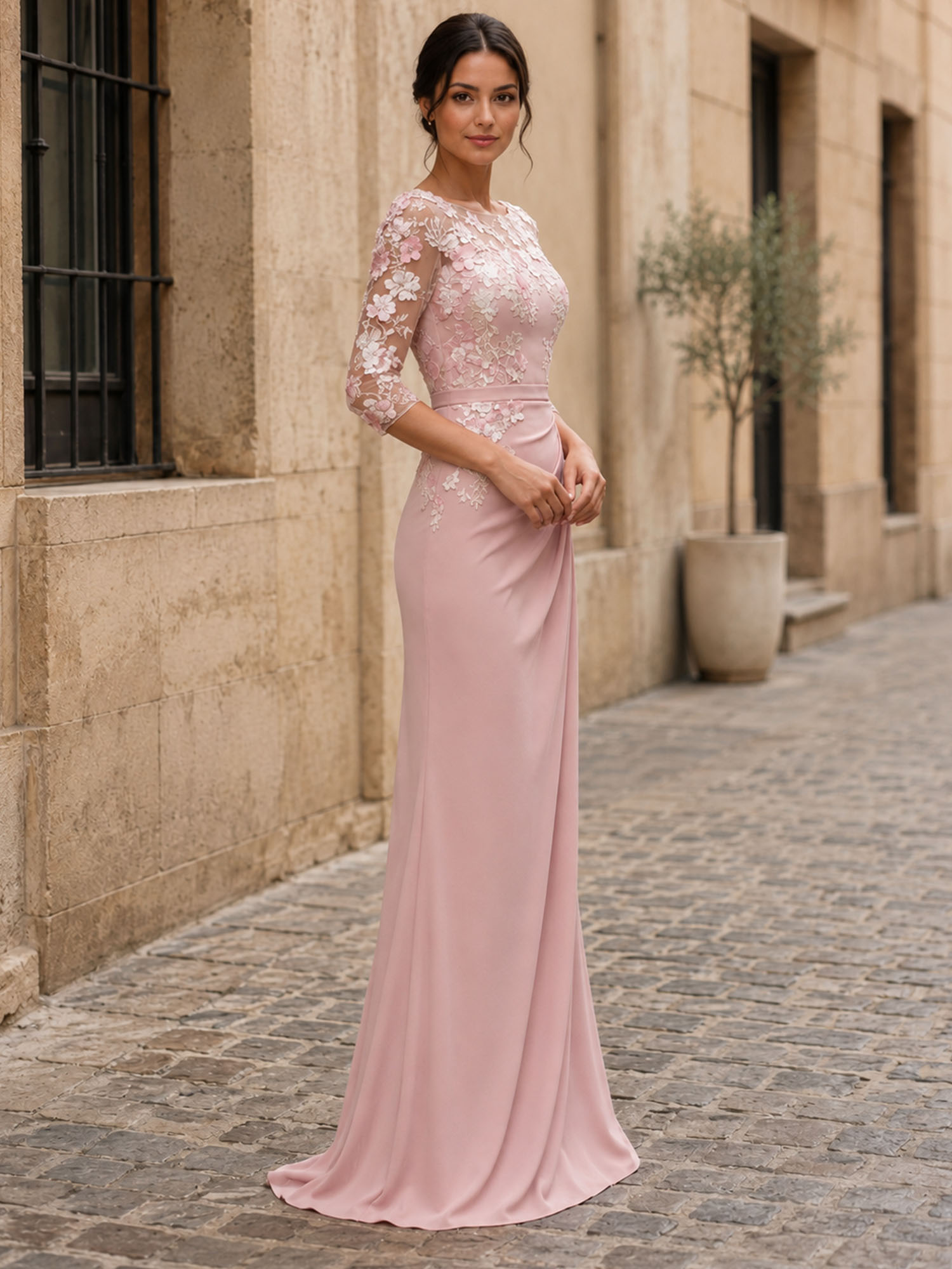 Illusion Three-Quarter Sleeve Floral Applique Long Evening Dress