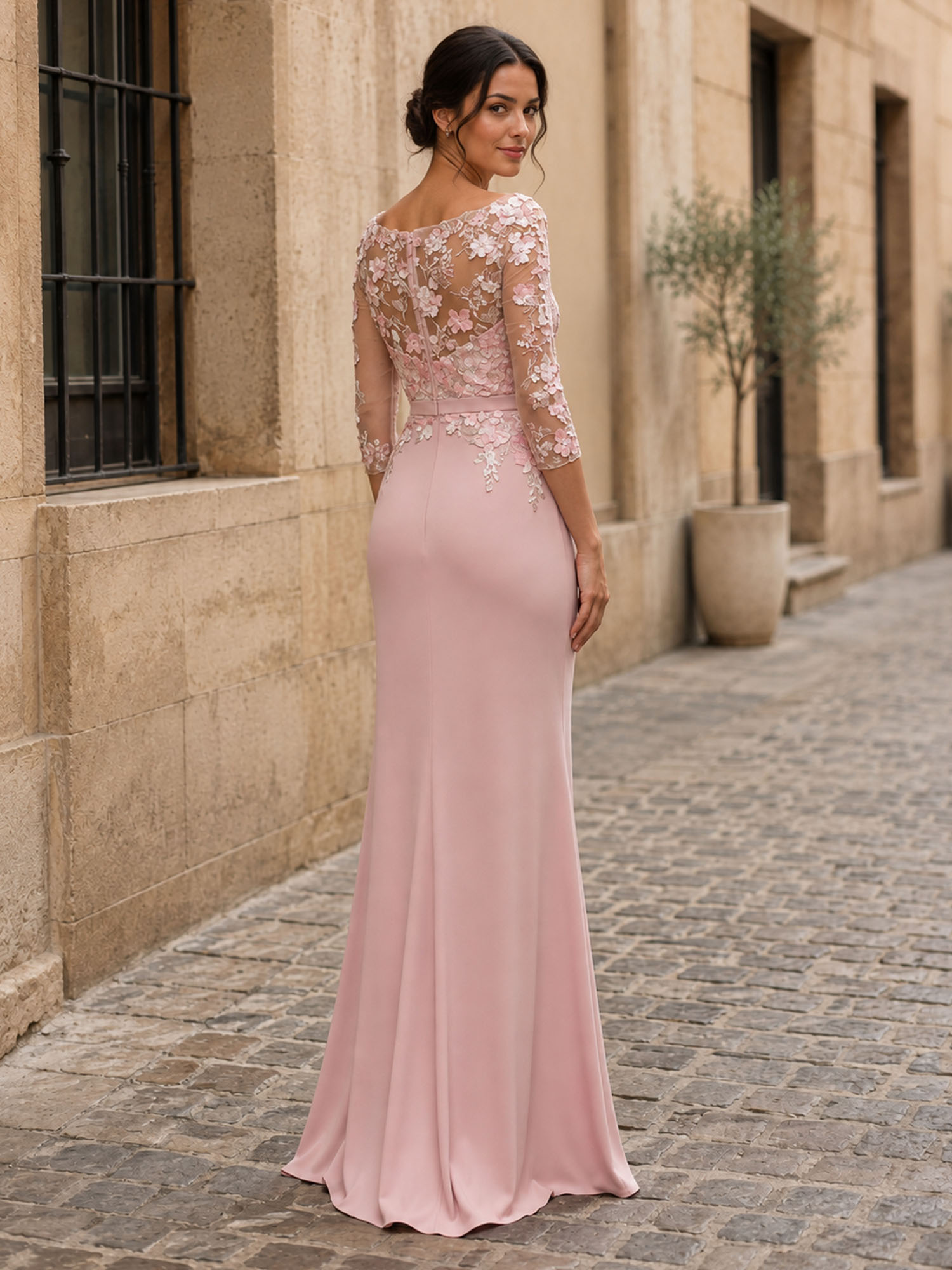 Illusion Three-Quarter Sleeve Floral Applique Long Evening Dress
