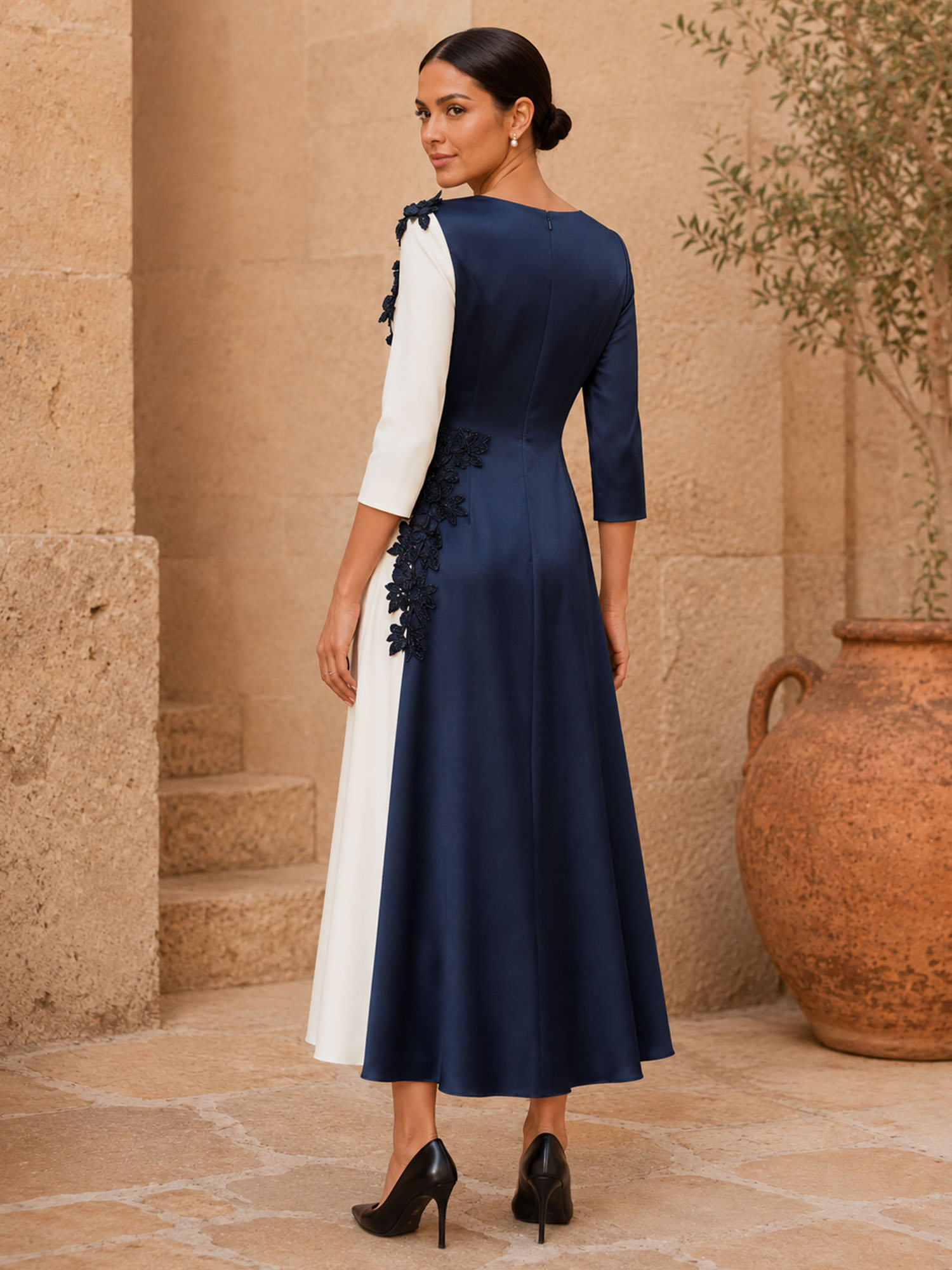 Color Block Three-Quarter Sleeve Floral Applique Midi Dress
