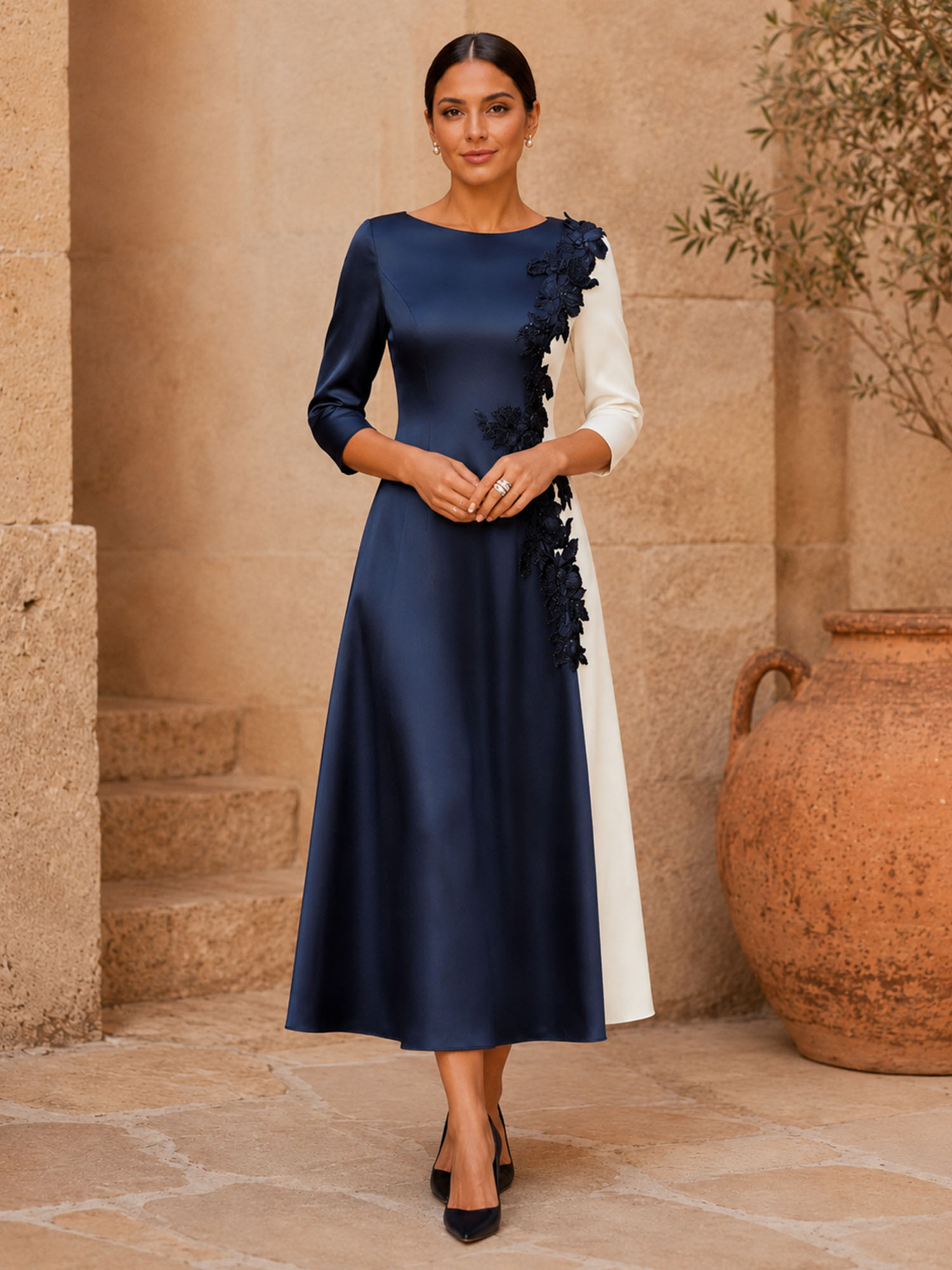 Color Block Three-Quarter Sleeve Floral Applique Midi Dress