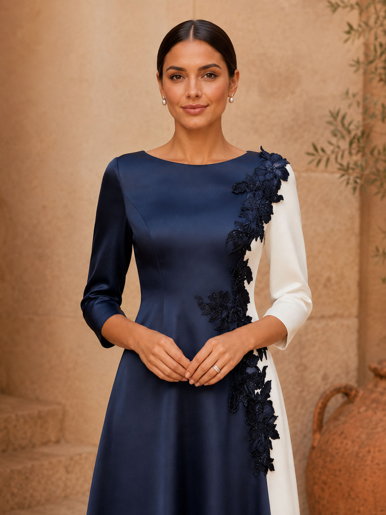 Color Block Three-Quarter Sleeve Floral Applique Midi Dress